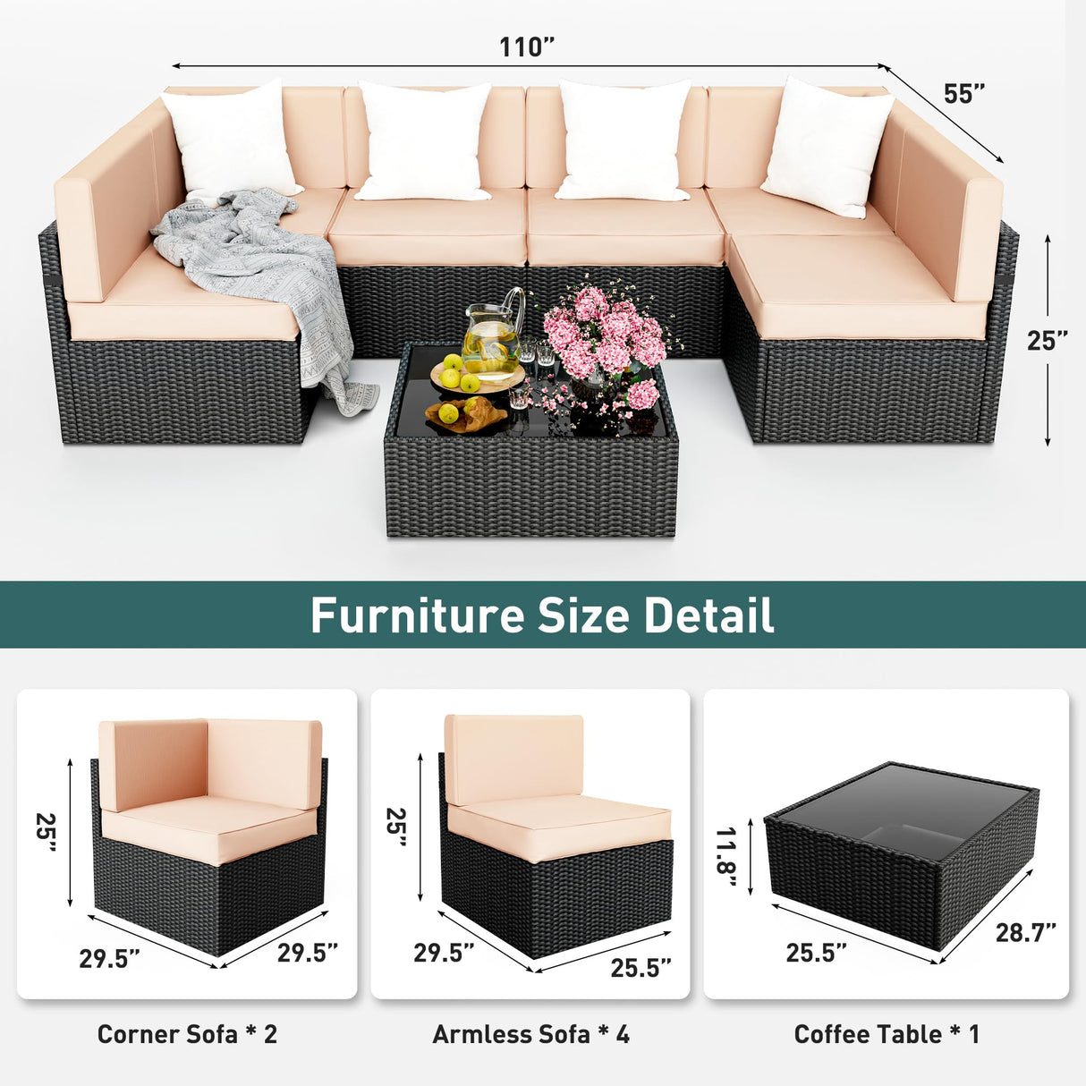 Pamapic 7 Pieces Outdoor Sectional Furniture,Wicker Patio sectional Furniture Sets,All-Weather Rattan Sectional Sofa Conversation Set with Coffee Table and Washable Couch Cushions Covers Pamapic
