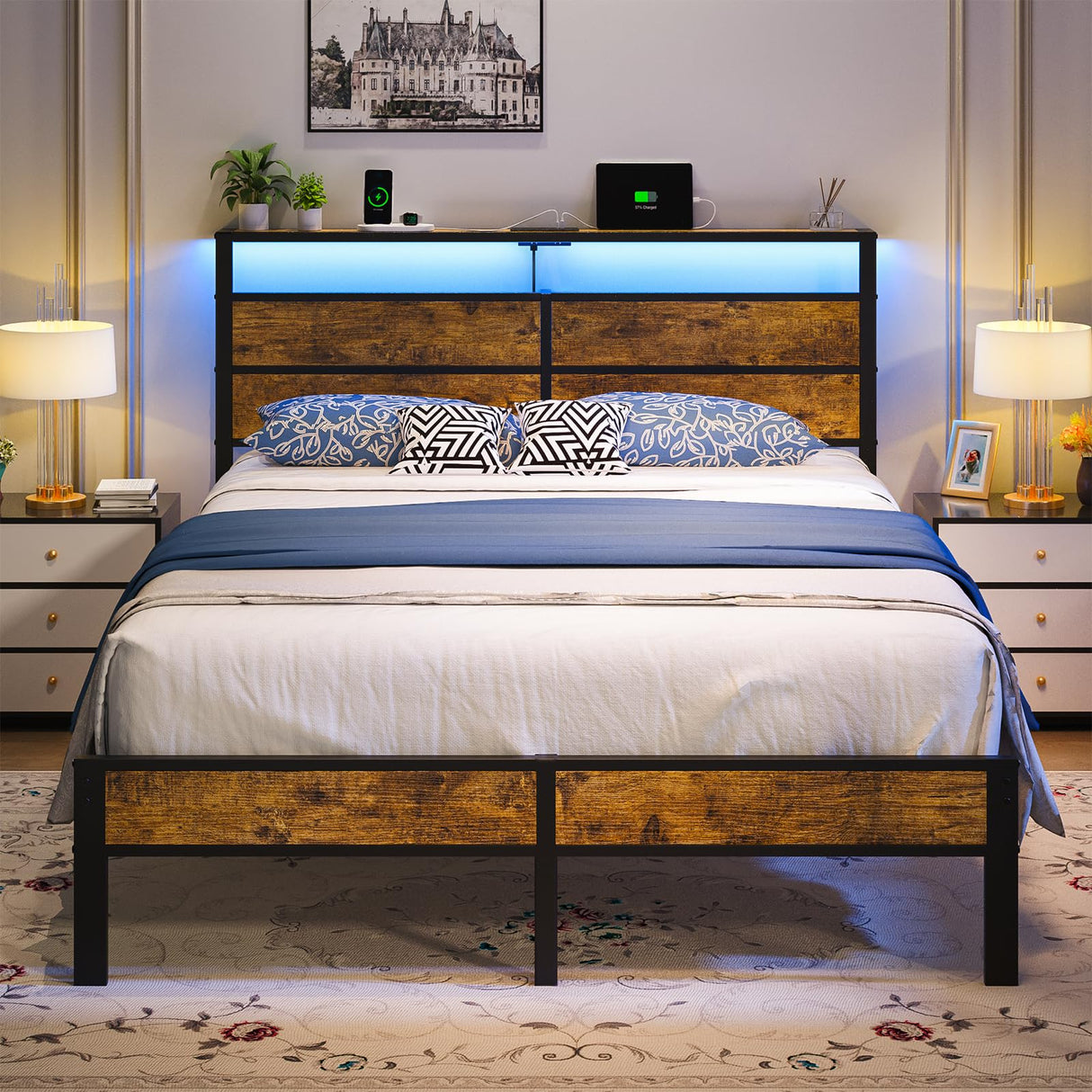 Liians Queen Size Bed Frame, Queen Bed with Charging Station Headboard and LED Lights, Platform Bed with Metal Slats, No Box Spring Needed Liians