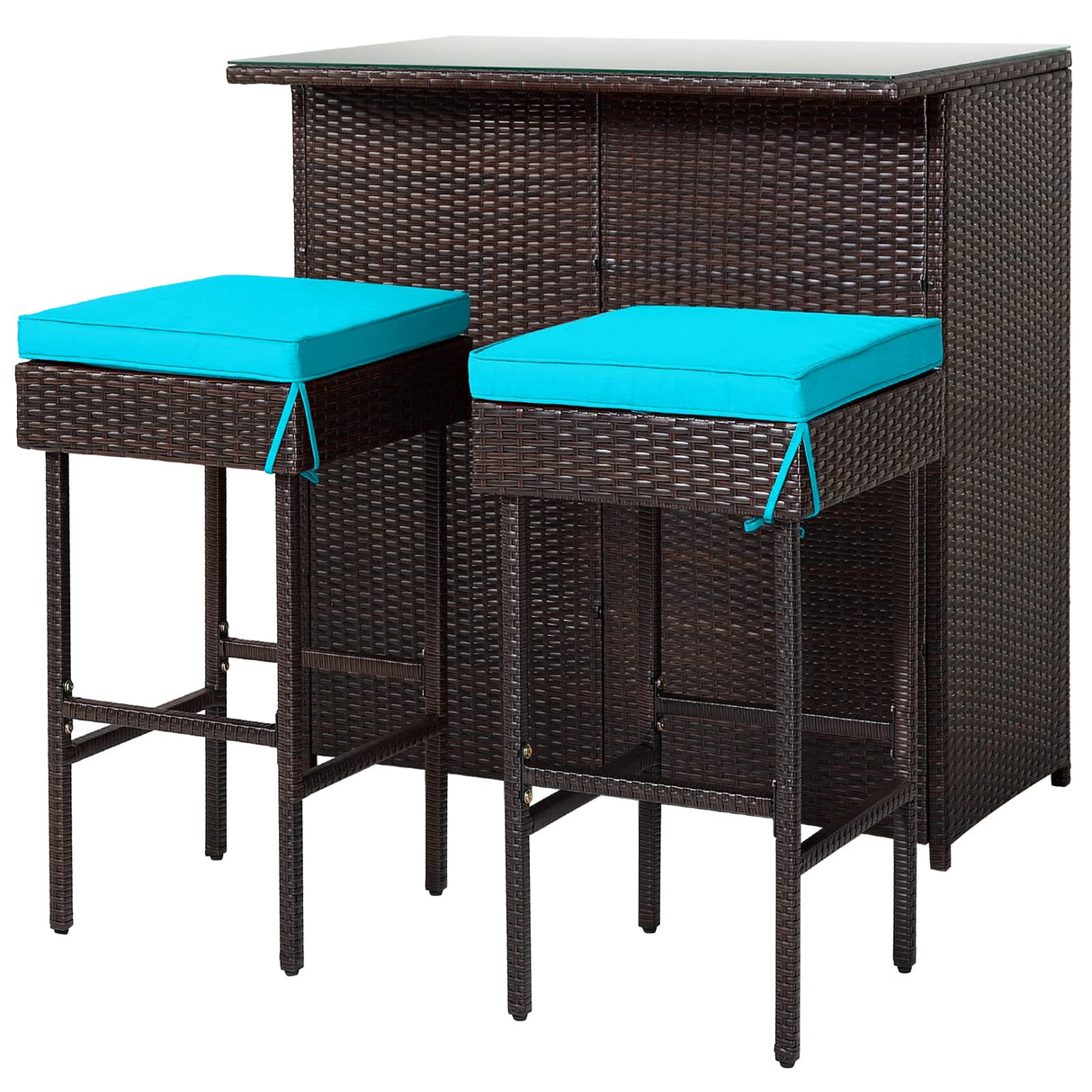 RELAX4FLIE 3-Piece Outdoor Bar Set, Patio Wicker Bar Table and Chairs Set w/Cushioned Stools 2 Open Shelves & Glass Table Top, Rattan Bar Table Set for Poolside, Garden and Backyard (Turquoise) RELAX4LIFE