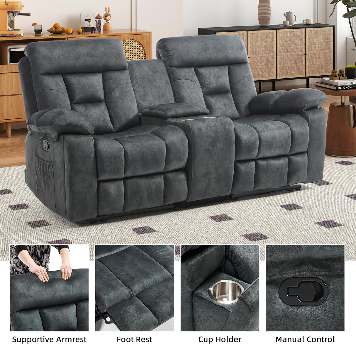EBELLO Loveseat Recliner Sofa for Living Room, Extra Wide Modern Overstuffed 2 Seat Reclining Manual Sofa Chair, with Hidden Armrest Cup Holders, Breathable Fabric, Grey EBELLO
