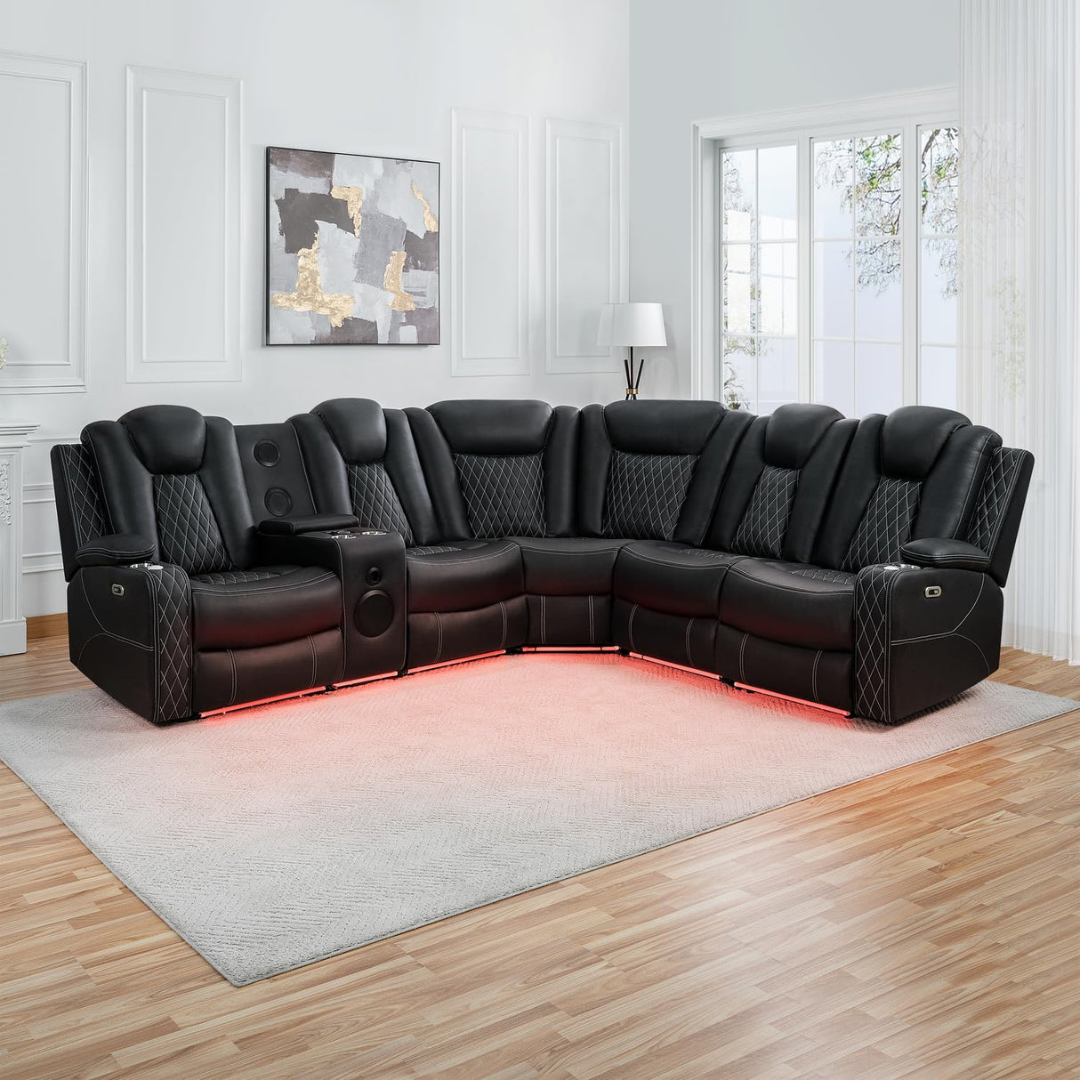 Naomi Home Chicago Luxury DIY Theater Sofa Set – Power Reclining Home Theater Seating with Adjustable Headrests, LED Lights, Bluetooth Speaker, Wireless Charging, USB & AUX Ports - Black Naomi Home