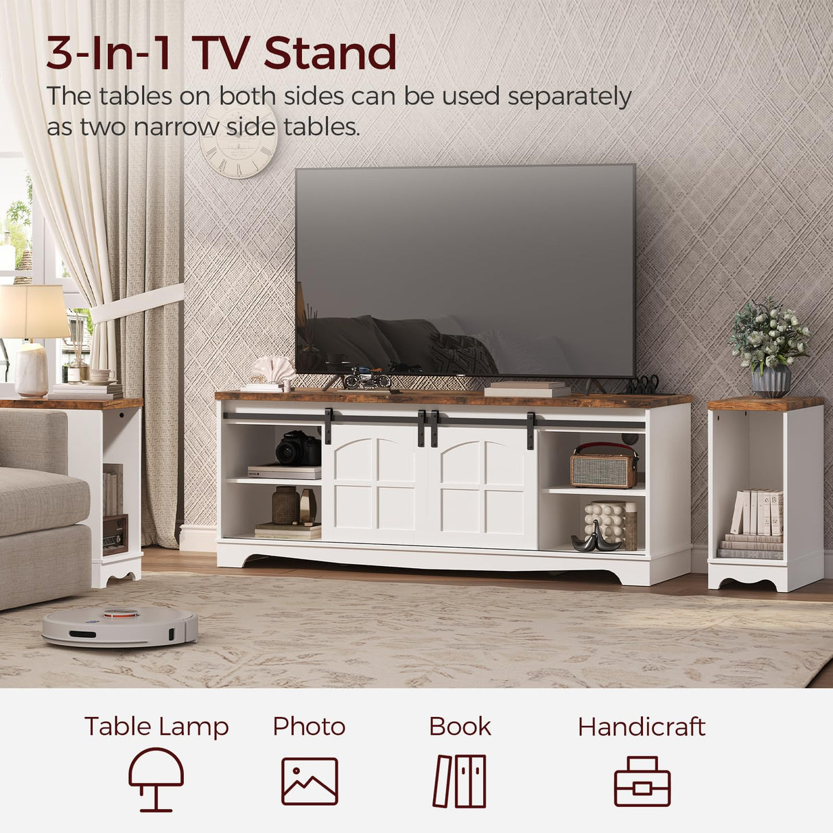 MAHANCRIS Modern Farmhouse 3 in 1 TV Stand for up to 85" TVs, 78'' Entertainment Center with Charging Station and Open Storage, 4 AC Outlets,for Living Room, Bedroom, White and Rustic Brown TVBR20E01 MAHANCRIS