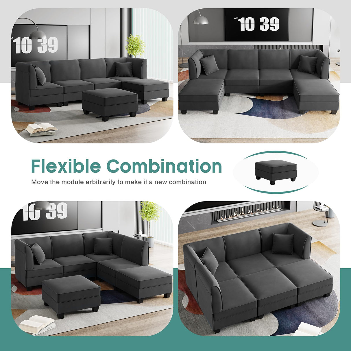 Shintenchi 6 Pieces Sectional Couch Modular Sofa,U Shaped Reversible Chaise Velvet SofaCouch with Cushions,Modular Sectional Sofa with Ottoman for Living Room (Dark Grey) Shintenchi