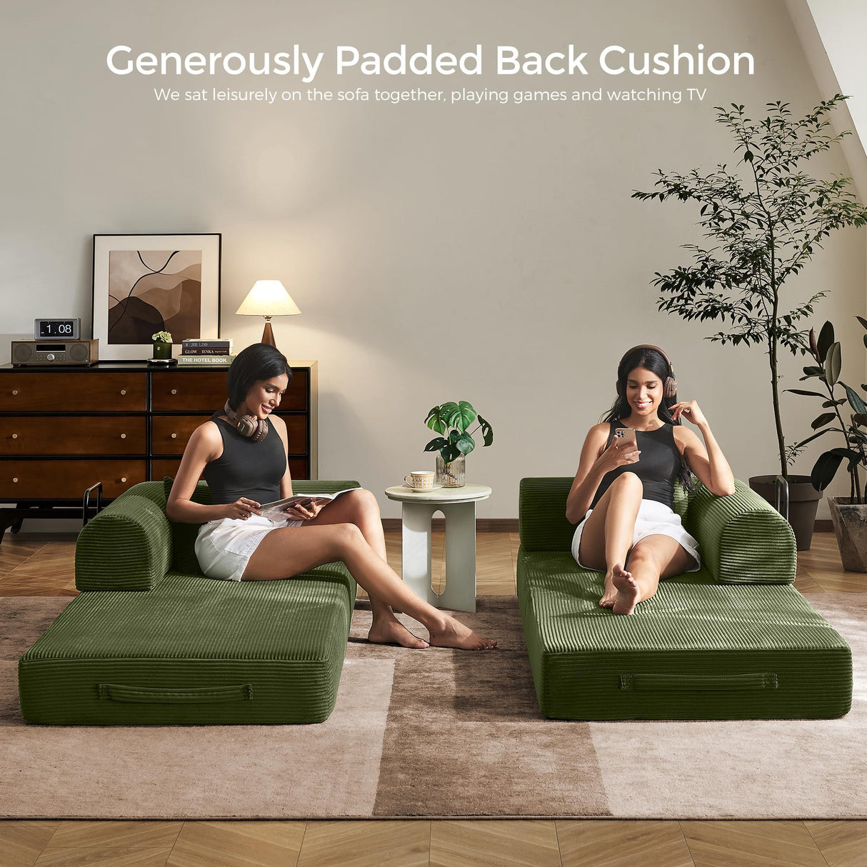 79" Convertible Sofa Bed with Fixed-Shape Frame & Removable Armrests, Modular Corduroy Sleeper Sofa, Folding Mattress Couch for Small Spaces - No Assembly Needed in Green (Includes 2 Pillows) SAVENICA