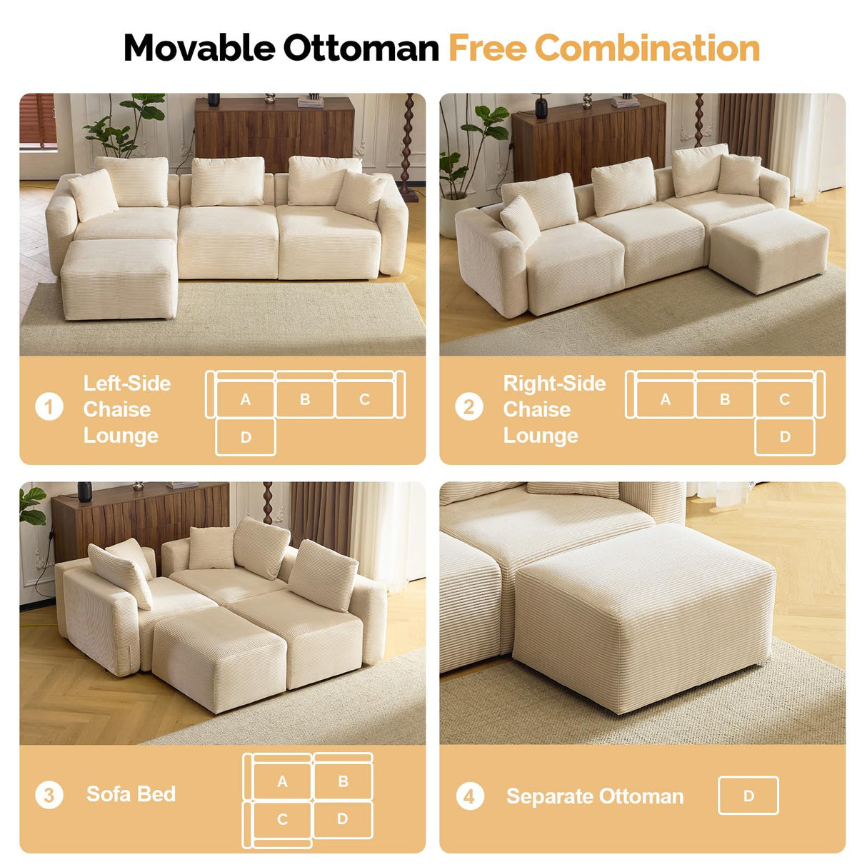 VINGLI 112.2“ Convertible Corduroy Cloud Sectional Couches with Movable Ottoman, L-Shaped Boneless Couches for Living Room with Deep Seat, 3 Seater Modular Spineless Sofa, No Assembly Required, Cream VINGLI