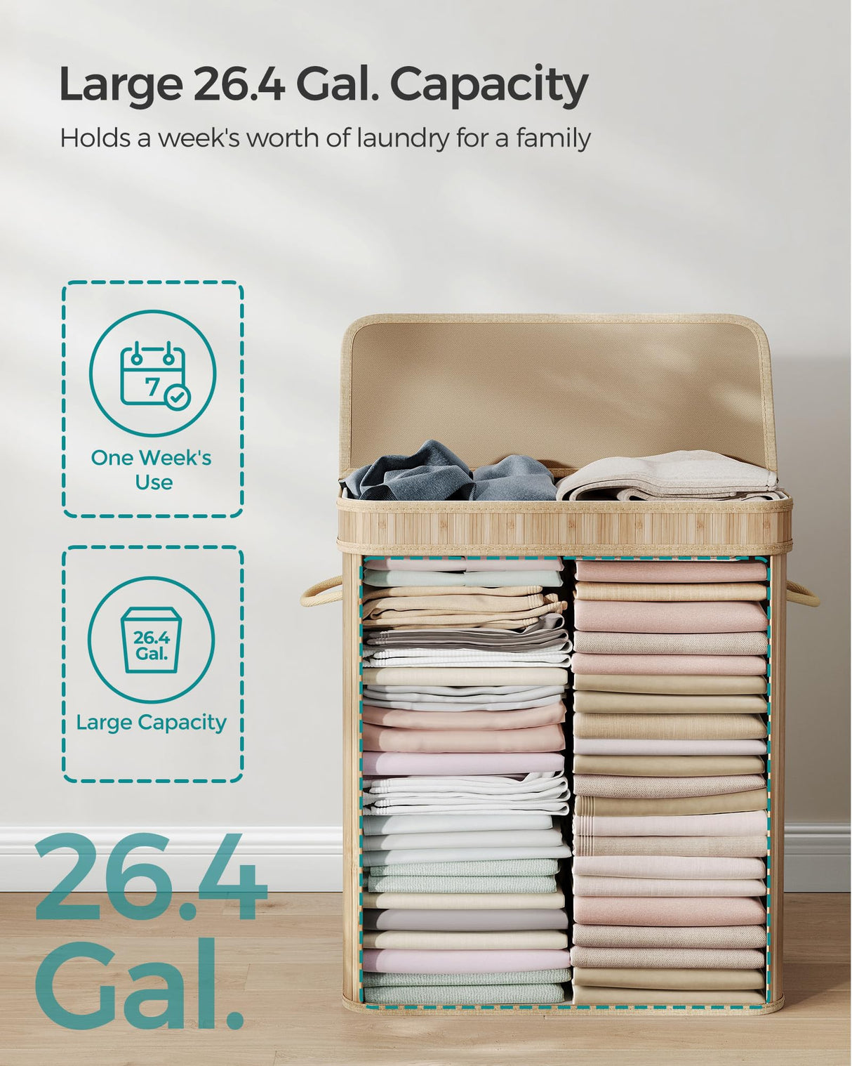 SONGMICS Laundry Hamper with Lid, Bamboo Laundry Basket, Removable Machine Washable Laundry Basket, with Handles, 26.4-Gallons, for Laundry Room, Bedroom, Bathroom, Natural ULCB063N01 SONGMICS