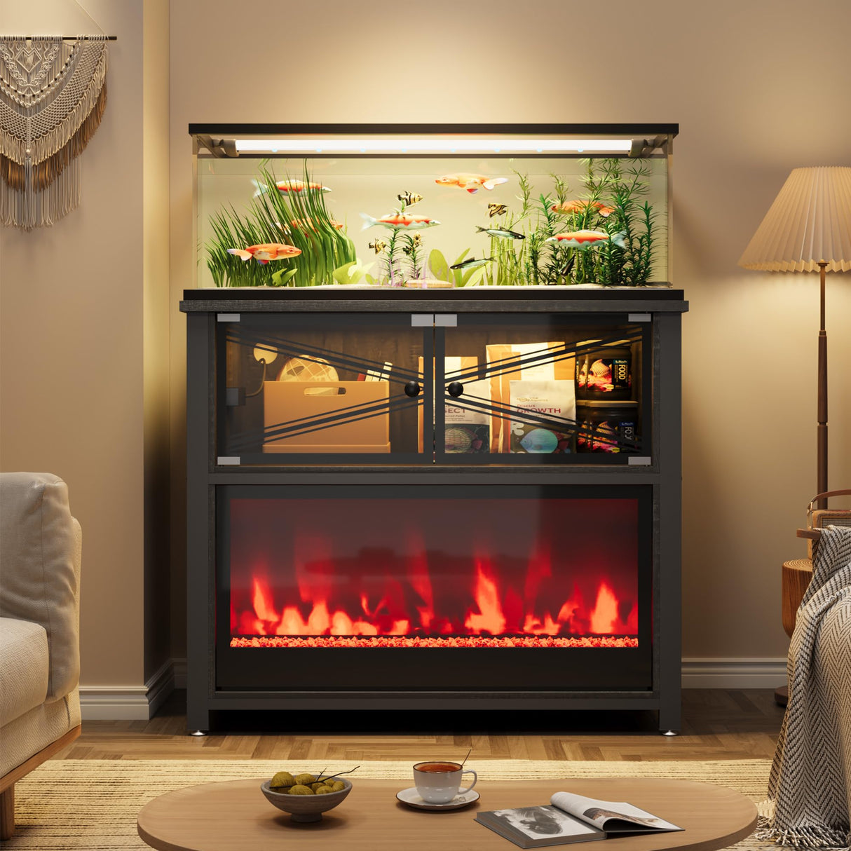 40-50 Gallon Fish Tank Stand with 20-Color LED Flames, No Heat, Metal Frame Structure Aquarium Stand, Glass Doors Storage Cabinet Holds Up to 700 LBS, Fit for Turtle Tank, Reptile Tank (Black) Rresyet