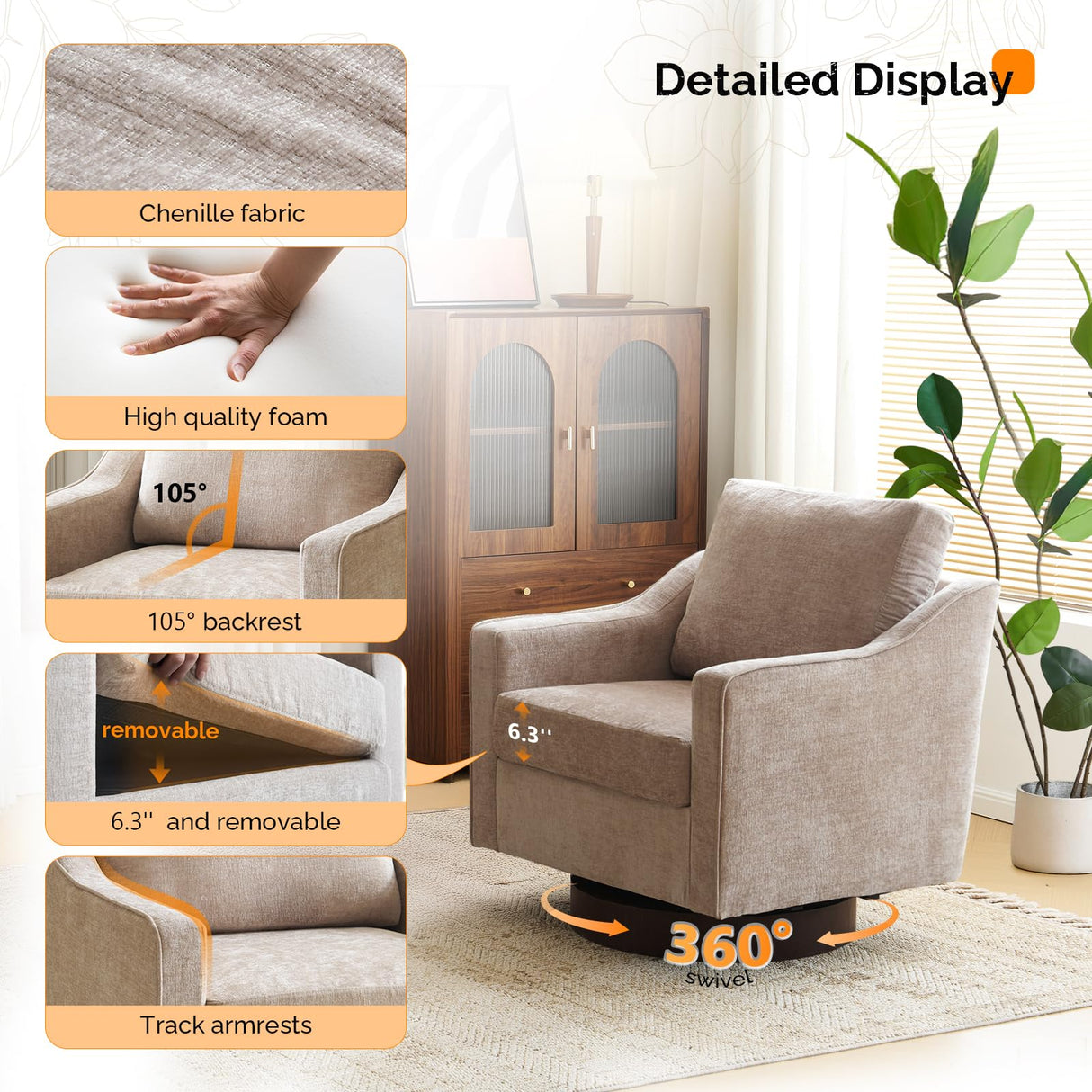 VINGLI Mid-Century Modern Swivel Accent Chairs Set of 2, 360°Upholstered Armchairs, Home Sofa with Track Arms for Living Room, Bedroom, Reading Room, Club Swivel Chairs, Chenille Khaki VINGLI