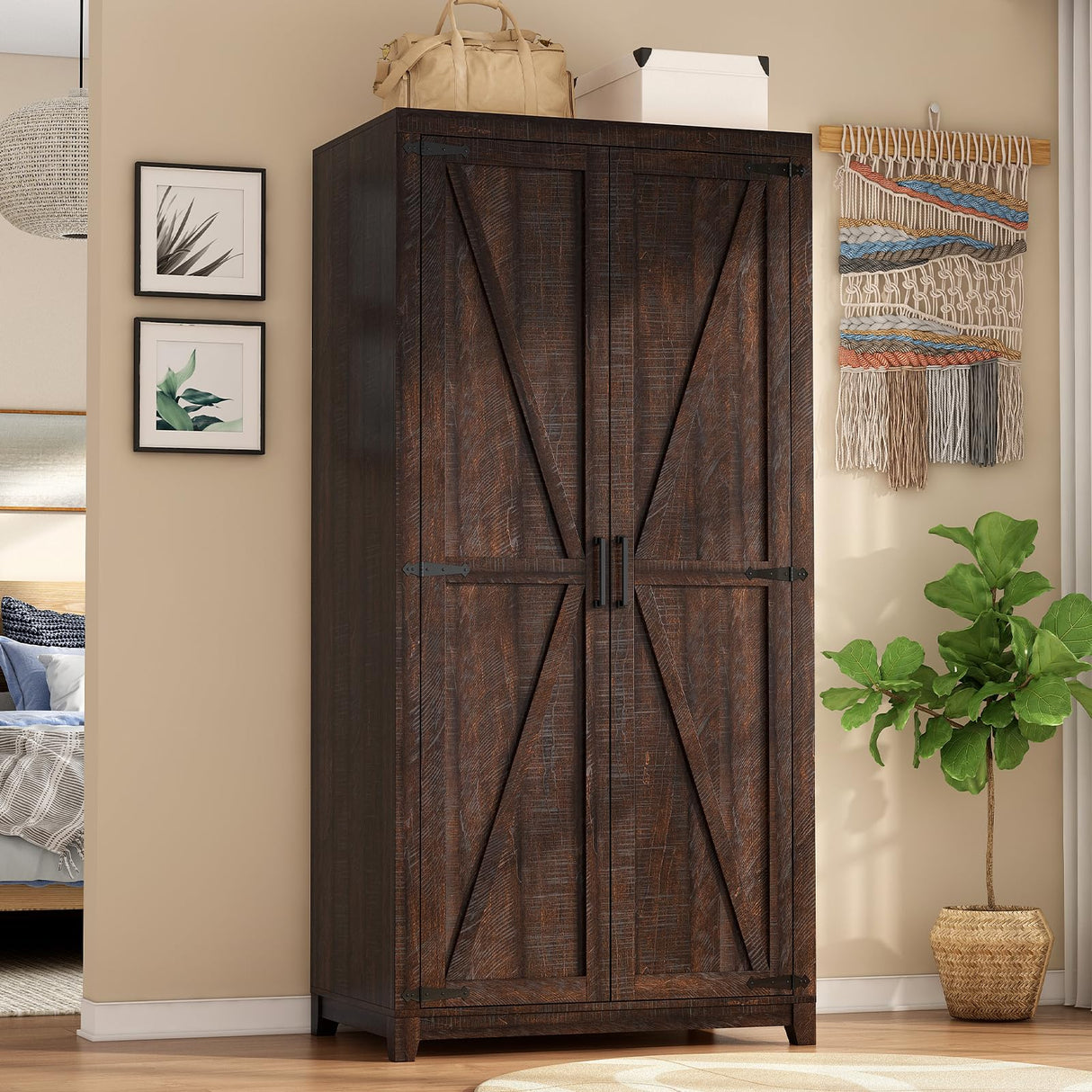 LUXOAK 70" Large Armoire Wardrobe Closet with Hanging Rod, Farmhouse Clothing Storage Cabinet with 2 Barn Doors, Wooden Tall Bedroom Armoires with Shelf, Espresso LUXOAK