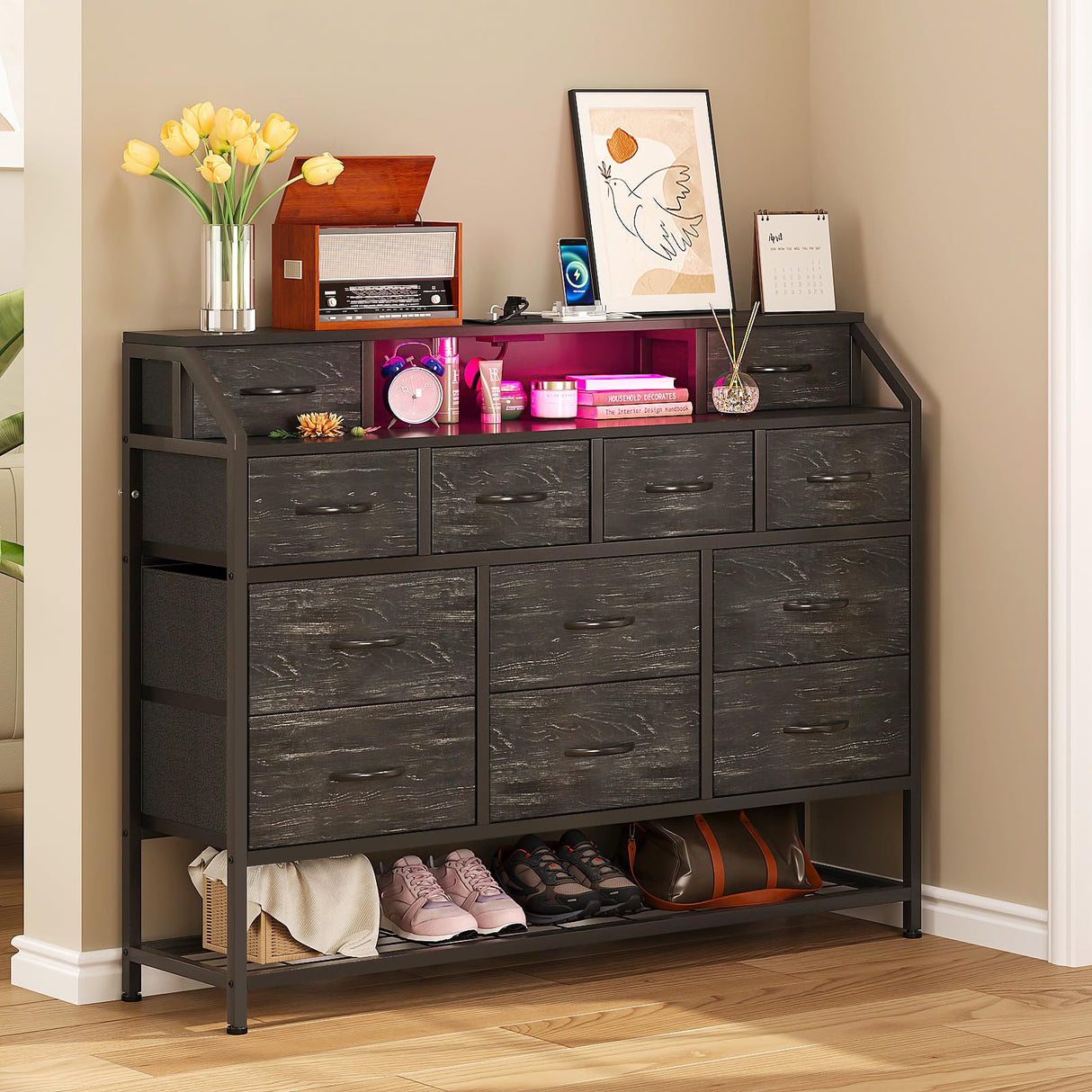 Welfuturer Dresser for Bedroom with 12 Drawers Black Dressers with Charging Station and LED Light 50 inch TV Stand Chest of Drawers with Shoe Rack and Open Shelf for Living Room Entryway Halfway Welfuturer