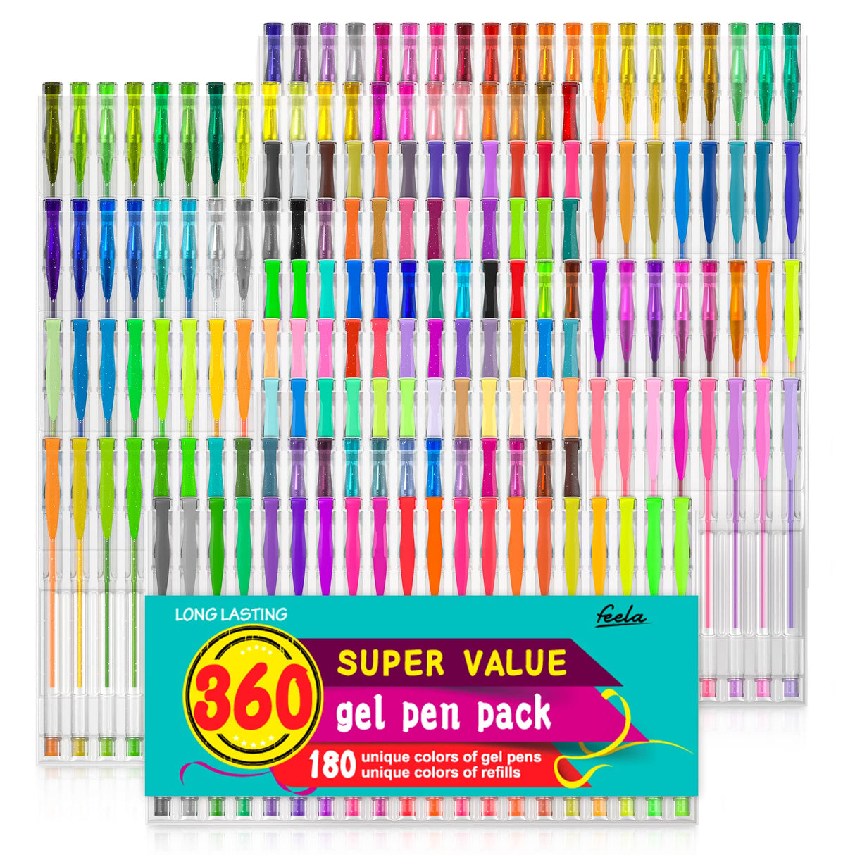 feela 360 Colors Gel Pens Set 180 Unique Gel Pen Plus 180 Refills for Adult Coloring Books Drawing feela