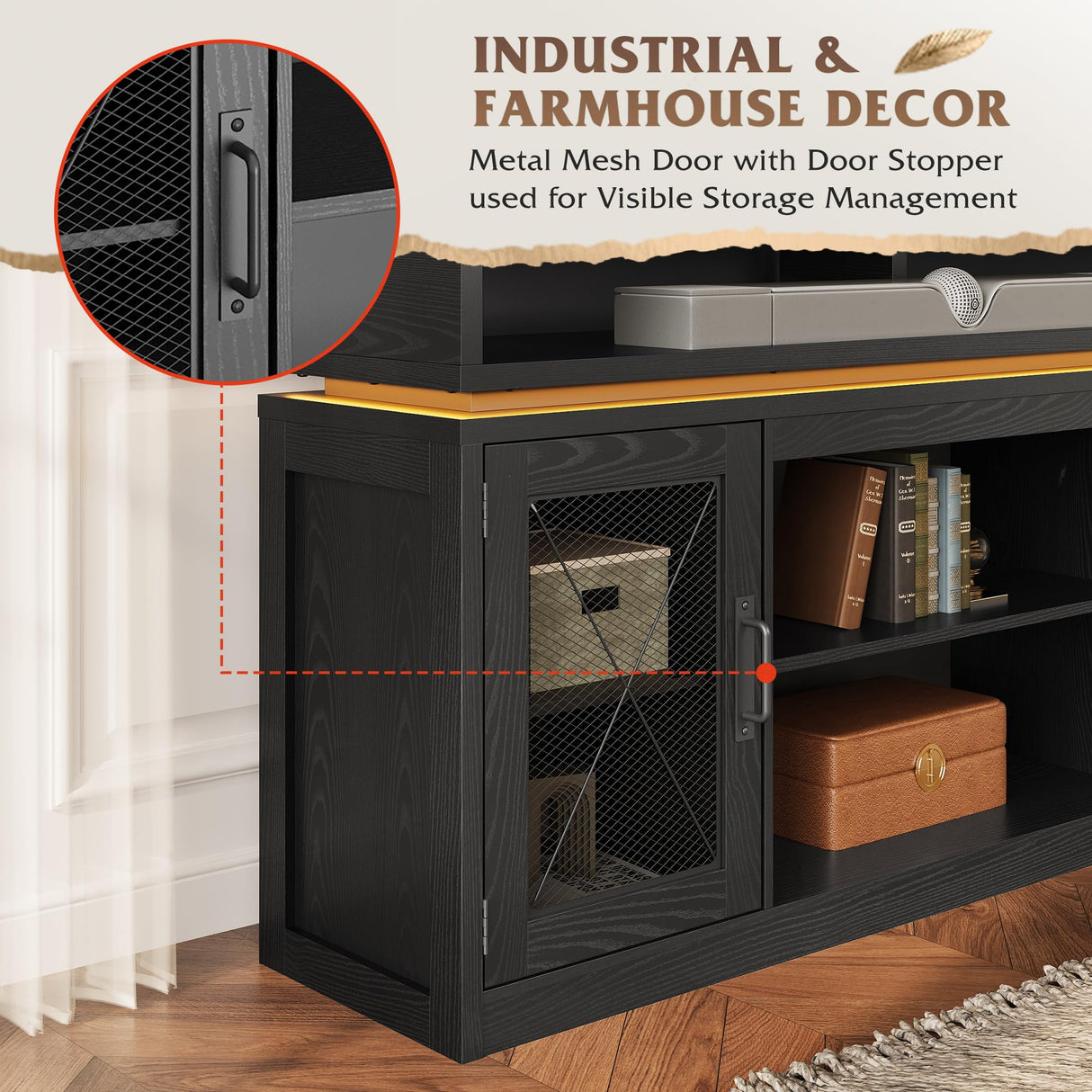 WLIVE TV Stand up to 65 Inch TV, 59" Entertainment Center with LED Lights, Farmhouse TV Media Console with Storage Cabinets, Adjustable Shelves for Living Room and Bedroom, Black WLIVE