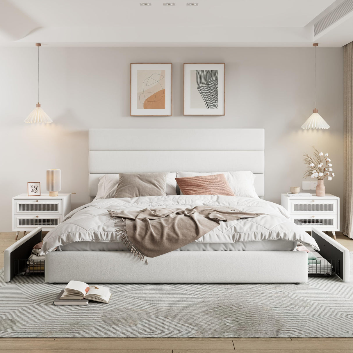 Allewie Modern King Size Platform Bed Frame with 4 Storage Drawers and Velvet Upholstered Headboard, Wooden Slats Support, Upholstered Mattress Foundation/No Box Spring Needed/Easy Assembly, White Allewie