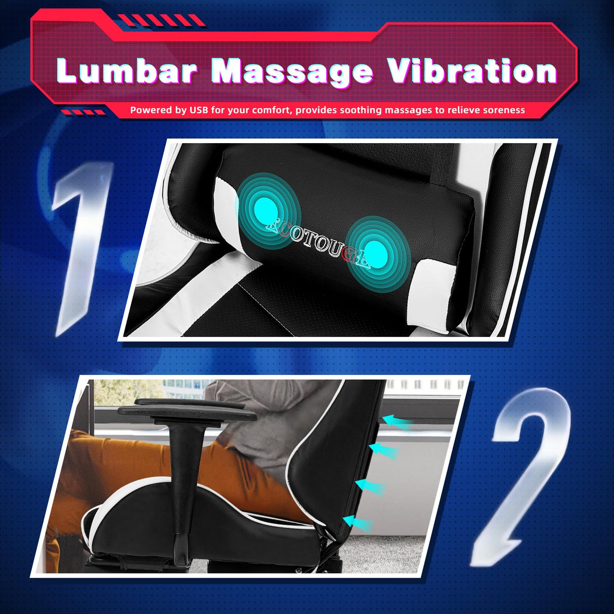 ECOTOUGE PC Massage Gaming Chair with Footrest Ergonomic Office Desk Chair Racing PU Leather Recliner Swivel Rocker with Headrest and Lumbar Pillow,White ECOTOUGE