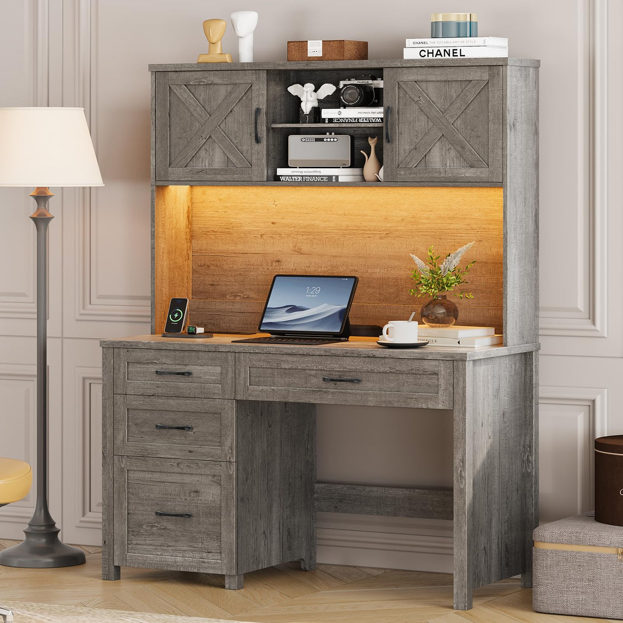 Farmhouse 67" H Executive Desk with Hutch, 4 Drawers and LED Light, Computer Desk with Storage Cabinet & File Drawers and Charging Station, Workstation for Home Office and Study. Befrases