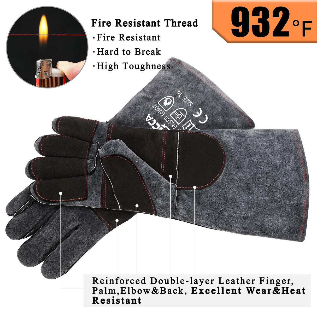 RAPICCA Fireplace Gloves Fire Heat Resistant: Dark-Grey 16IN 932℉ - Fireproof Leather for Fireplace Fire Pit Wood Stove Campfire Furnace BBQ Grill Stick Mig Welding Welder Gear - One Size RAPICCA