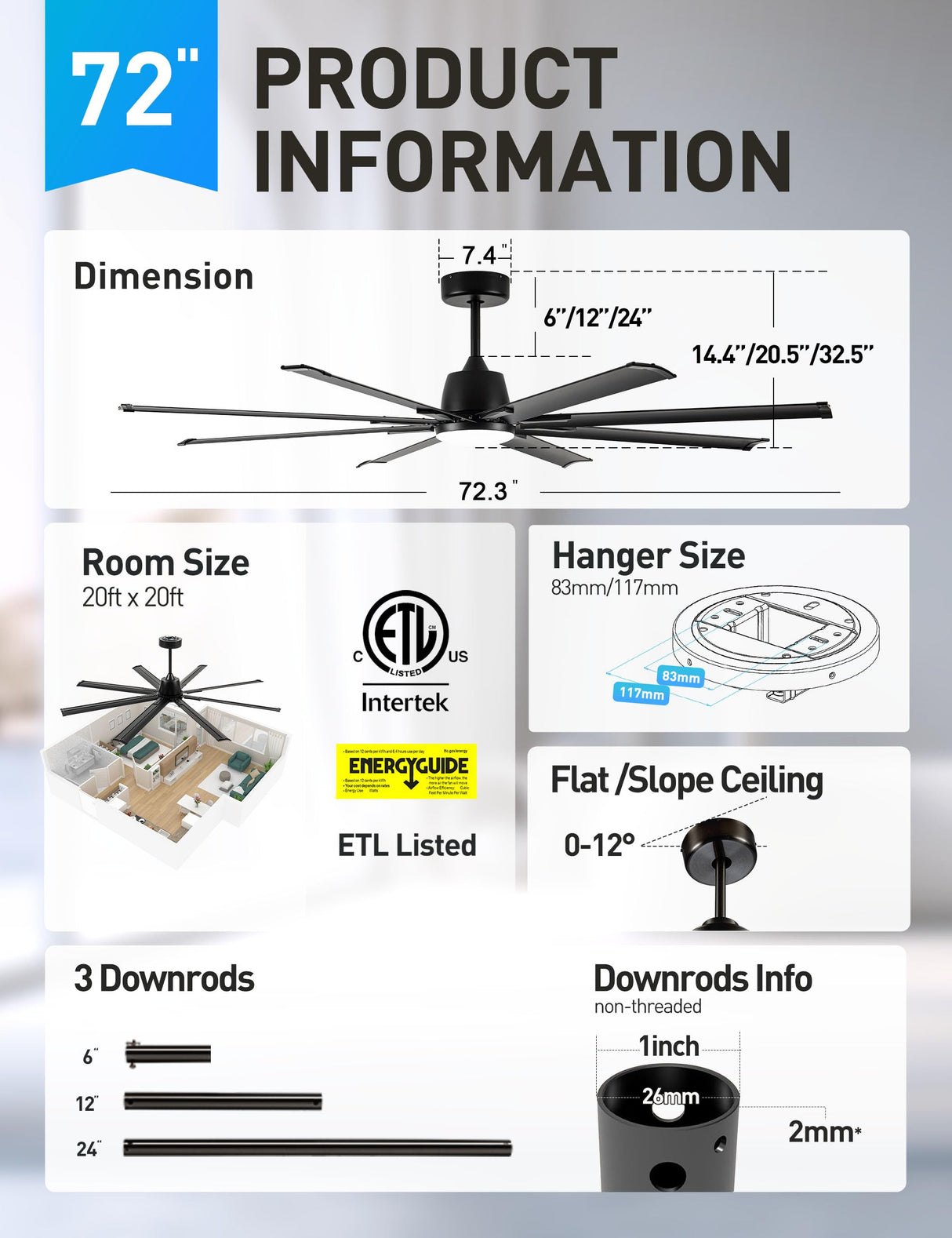 Maxslak 72 Inch Ceiling Fan with Light,Industrial Ceiling Fan with 8 Black Aluminium Blades,Smart Fan Works with Alexa,Garage Outdoor/Indoor Fan for Patio and Living Room Maxslak