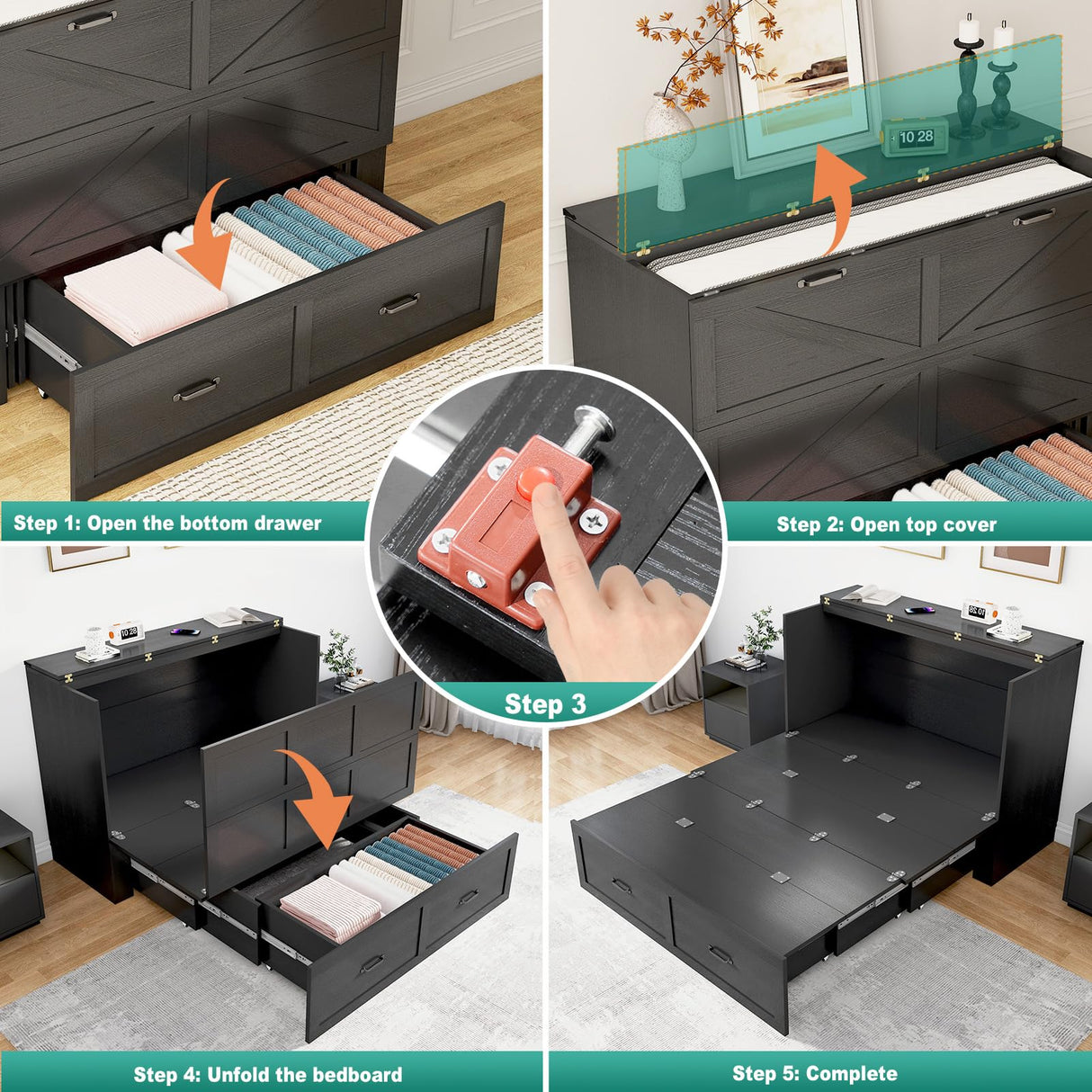 Hlivelood Queen Size Murphy Chest Bed with Drawer and Charging Station, Farmhouse Wood Space-Saving Hidden Folding Bed Chest, Multifunctional Storage Cabinet Beds for Bedroom, Office, Black Hlivelood