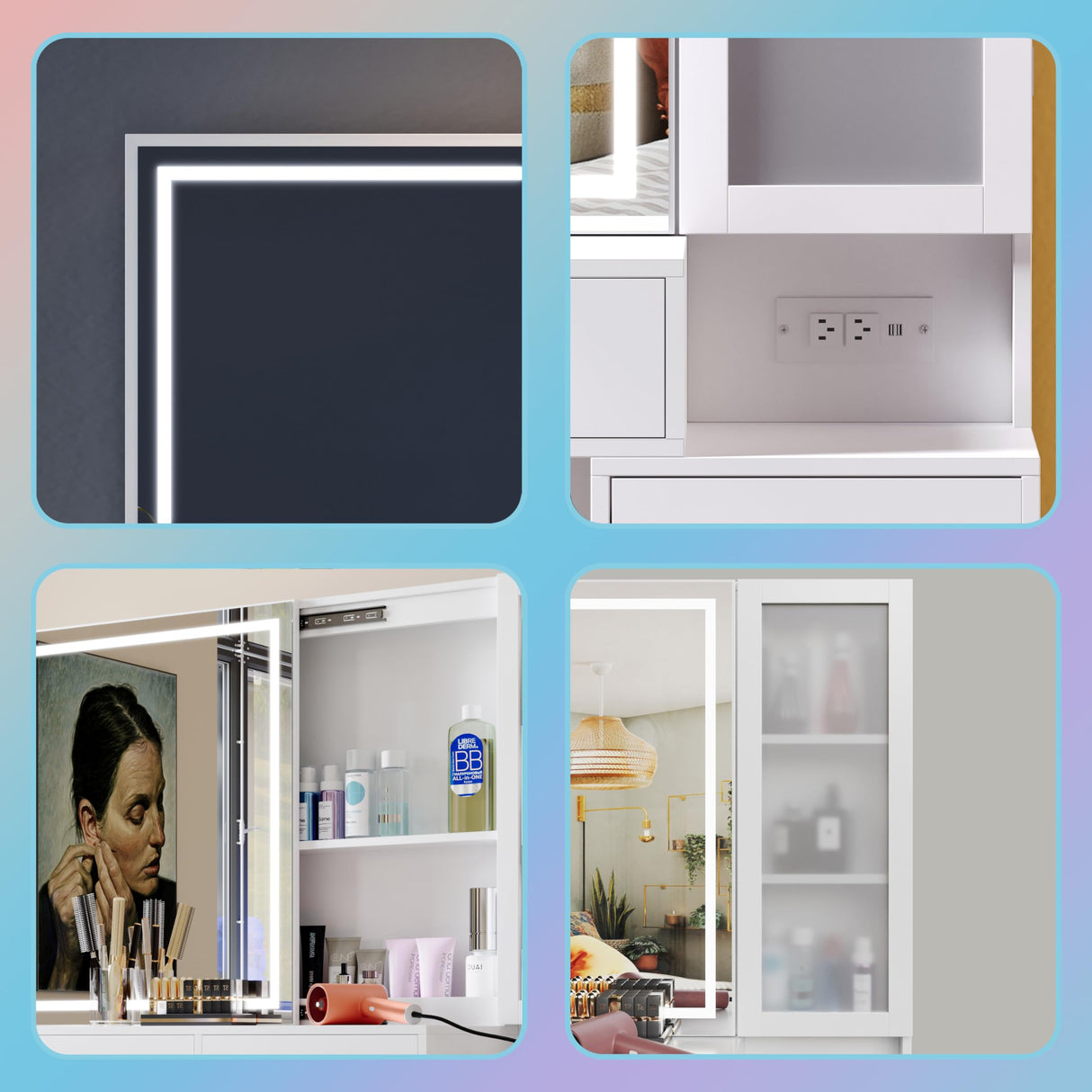 Jartoil Vanity Desk with Lighted Mirror and Charging Station, Extra Large Mirror Vanity Dresser with Storage Shelves, Modern Vanity Set with Nightstand, Cushioned Stool (White-1) Jartoil