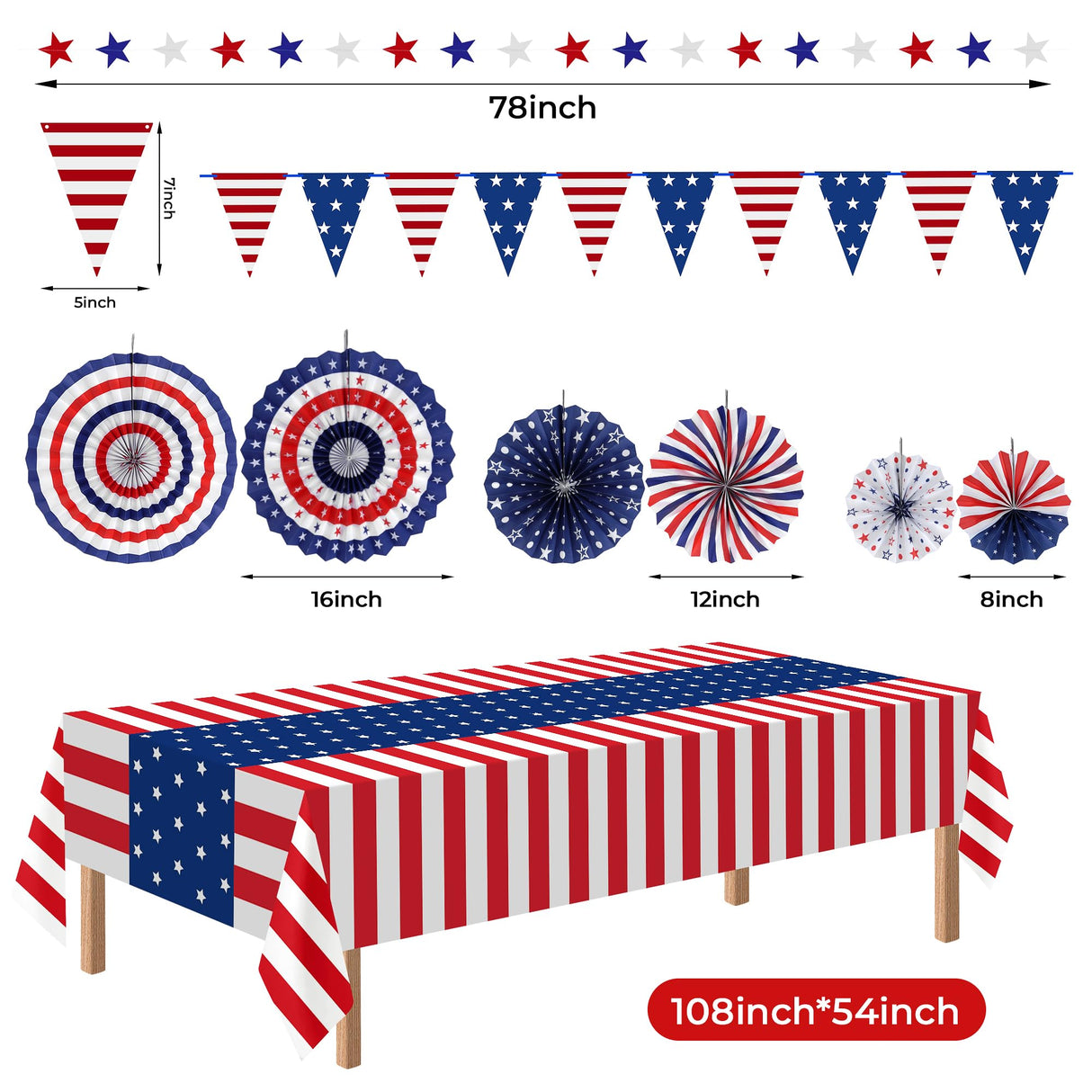 HOOSUN Patriotic 4th of July Decorations Set, 9 Pcs Red White and Blue Paper Fans, USA Pennant Bunting, Star Streamers, Patriotic Tablecloth for Fourth of July Party Supplies, Memorial Day Decor HOOSUN