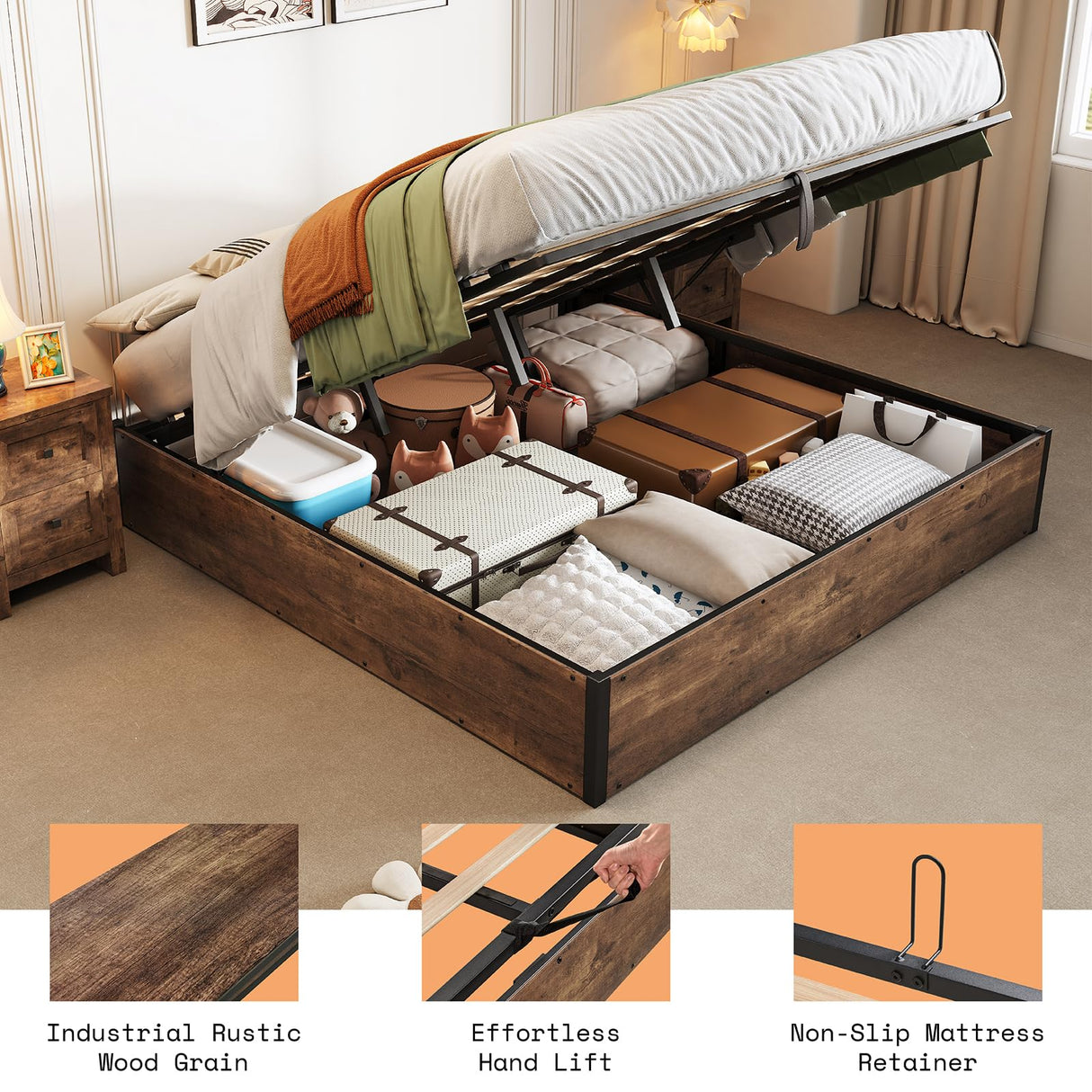 AMERLIFE Lift Up Storage Bed, King Bed Frame with Storage Underneath, Wooden Platform Bed Frame, Solid Wood Slats Support, No Fixed Headboard, No Box Spring Needed, Rustic Brown AMERLIFE