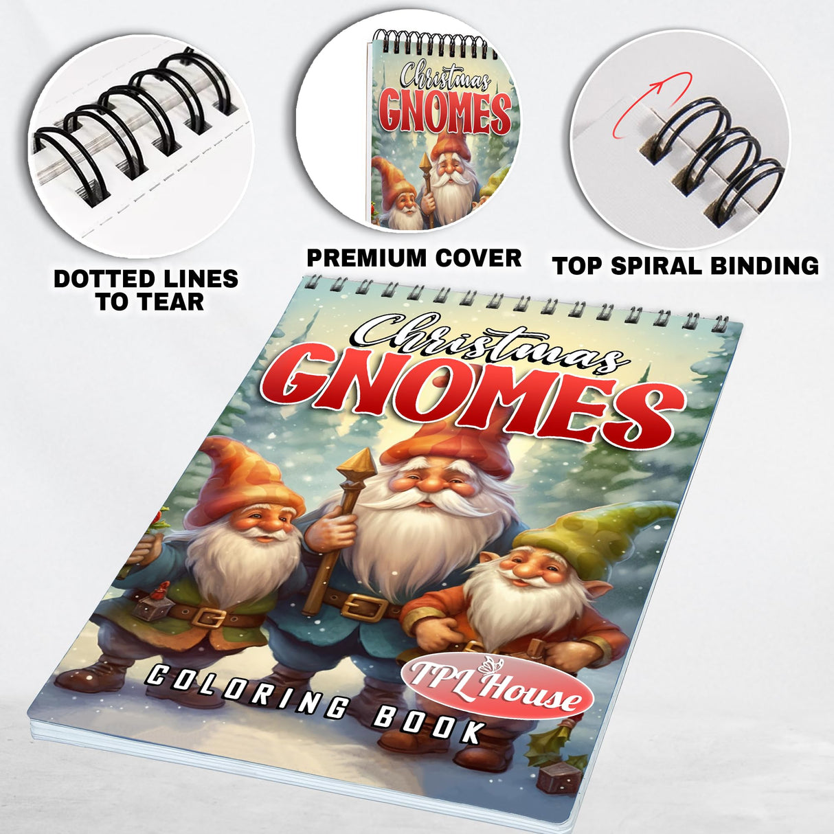 TPLHOUSE Gnomes Christmas Coloring Book Spiral Bound for Adults, Softcover, 30 Enchanting Coloring Pages of Gnome in Xmas Holiday for Stress Relief and Relaxation TPLHOUSE