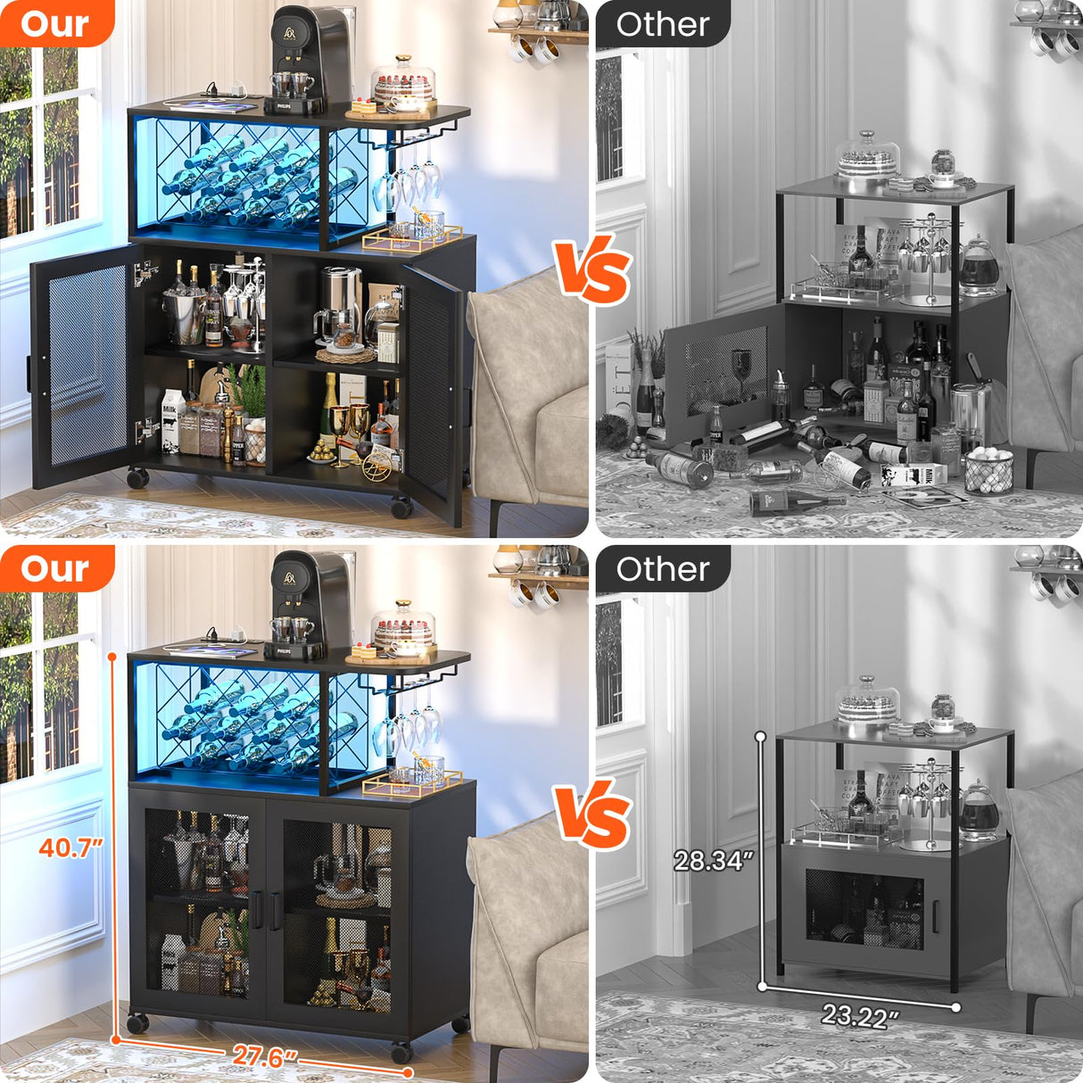 Girapow Small Bar Cart with Wheels, Liquor Cabinet with LED Light, Wine Bar Cabinet with Power Outlets, Home Mini Bar with Wine Rack, Glasses Storage for Kitchen, Dining Room, Living Room, Black Girapow