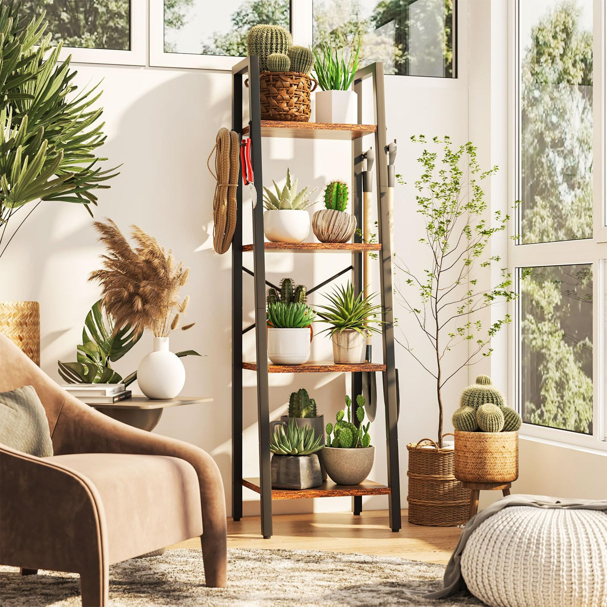 YMYNY 4 Tiers Ladder Bookcase, Industrial Narrow Bookshelf, Open Display Rack with 4 S Hooks, Metal Storage Shelves for Bedroom, Home Office, Living Room, Rustic Brown, 49.2H*13.4L*11.8W, UHBC024H YMYNY