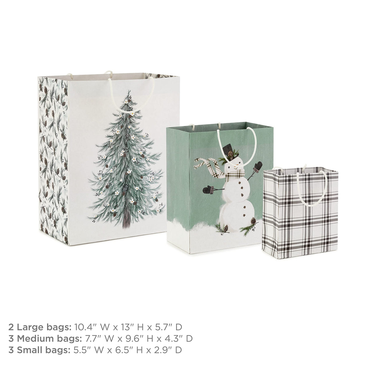 Hallmark Christmas Gift Bag Assortment (8 Bags: 3 Small 6", 3 Medium 9", 2 Large 13") White and Sage Green with Rustic Snowman, Plaid, Evergreen Tree for Christmas, Winter Weddings, Birthdays Hallmark