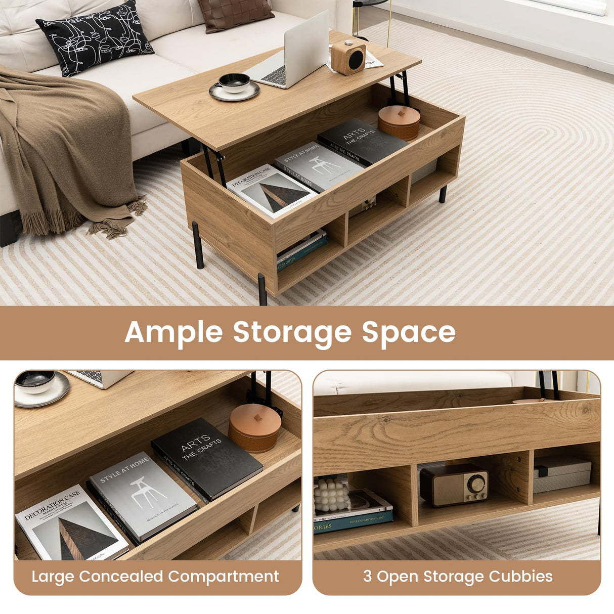 Giantex Lift Top Coffee Table - Rectangular Wooden Table w/Hidden Compartment & Open Storage Shelves, Multifunctional Modern Flip Top Center Table for Living Room, Reception Room, Office (Natural) Giantex