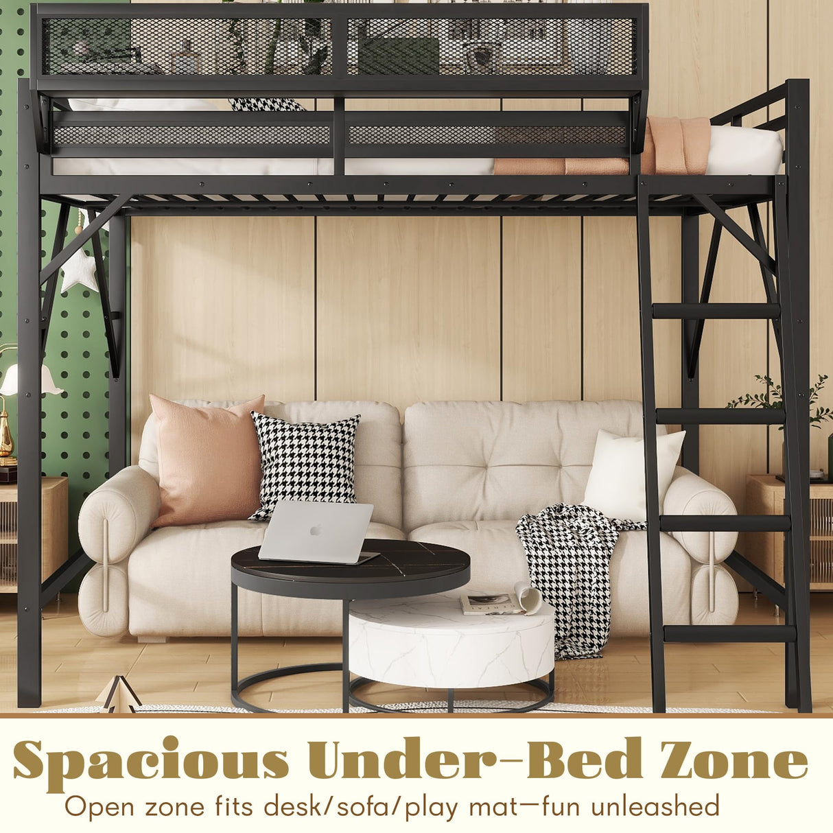 Mirightone Queen Size loft Bed with A Shelf, Metal Loft Beds with Soft Ladder Rung Cover, Heavy-Duty Tall Loft Bed Frame for Kids Boys Girls Teens Adults, Noise-Free,No Box Spring Needed, Black Mirightone