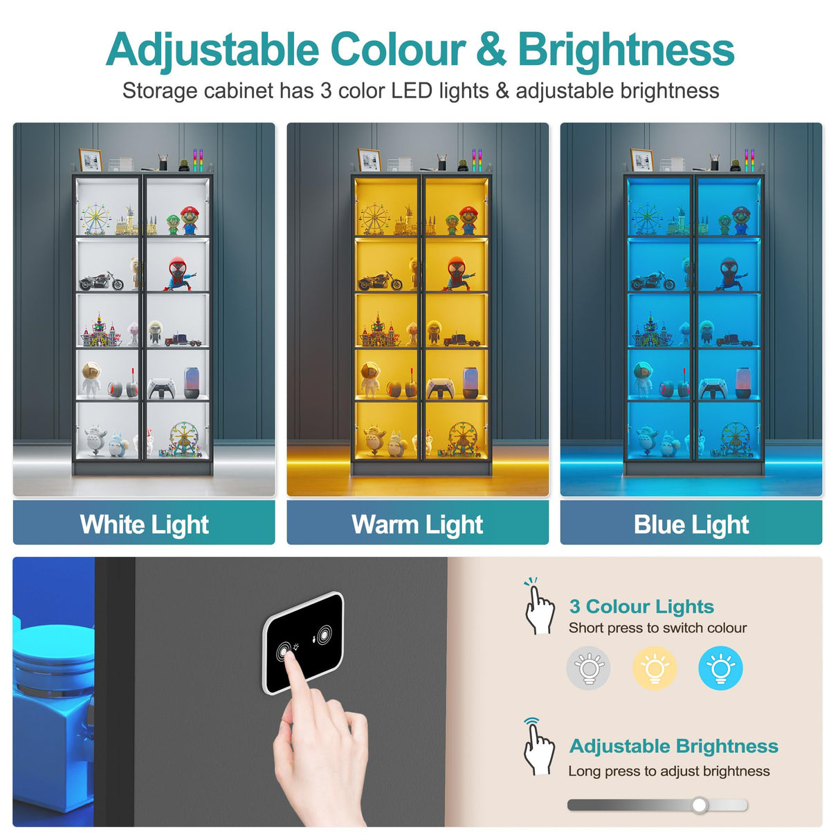 Lvifur 65" Display Cabinet with Lights, 5 Tier Curio Cabinets Bookcase with Adjustable Shelves, Tall Storage China-Cabinet with Human Body Induction for Living Room (Grey) Lvifur