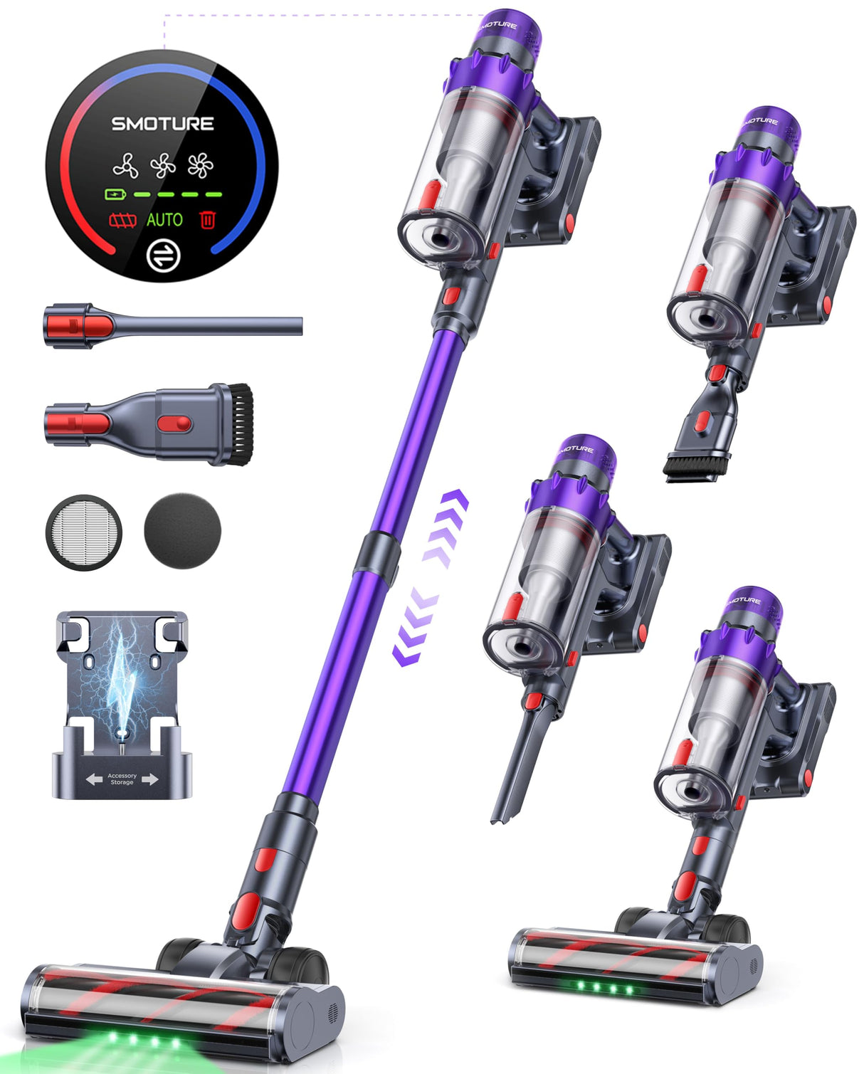 Cordless Vacuum Cleaner, 550W 45KPA 60 Mins Runtime Vacuum Cleaners for Home, Stick Vacuum with Self-Standing, Wall Mount Charging and Intelligent Auto Mode, Handheld Vacuum for Pet Hair/Carpet/Floor SMOTURE
