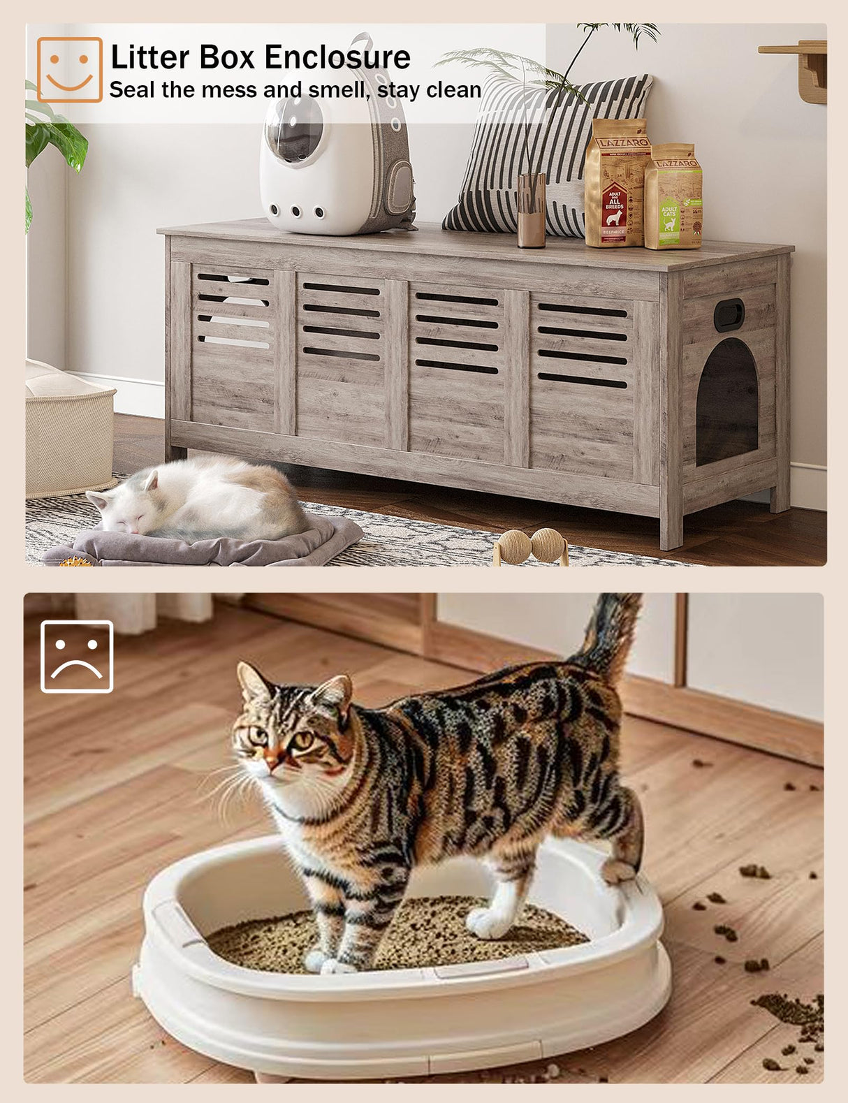 DINZI LVJ Litter Box Enclosure Furniture for 2 Cats, Top Opening Hidden Litter Box with Double Rooms, Dual Cat House with Good Ventilation, 47.2" Wooden Cat Washroom, Box Cabinet, Greige DINZI LVJ