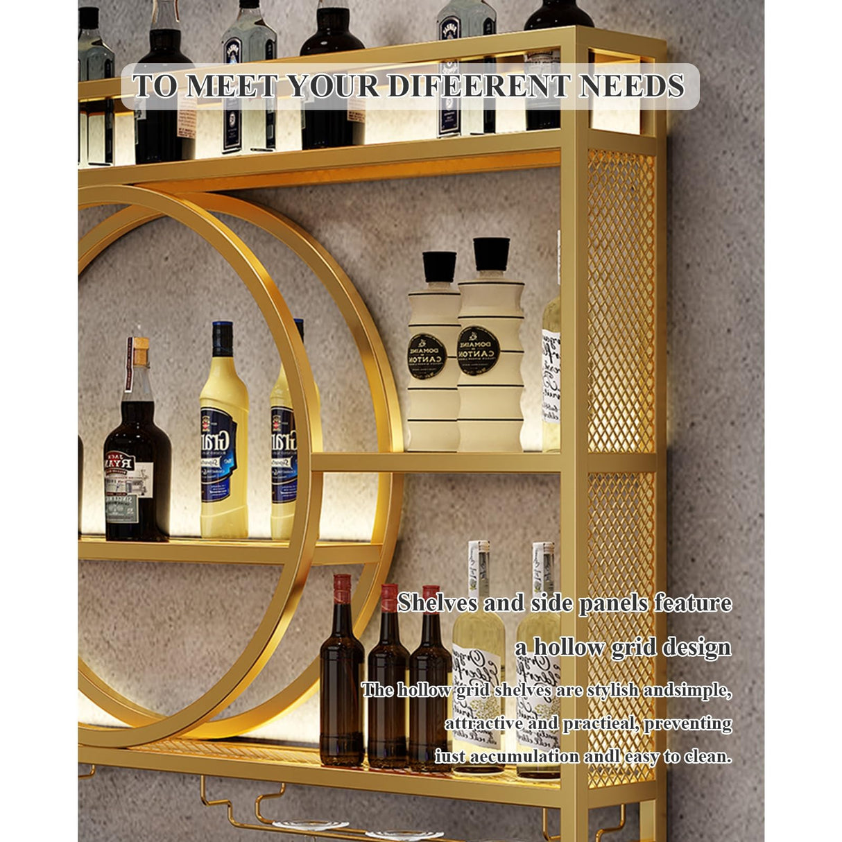 Iron Wall Wine Rack with LED Light- Display Shelf with Wine Glass Holder | Multifunctional Hanging Wine Holder | Metal Wall Mounted Wine Rack |for Dining Room, Bar and Wine Cellar(White,39.3in/100cm) Diodceraic