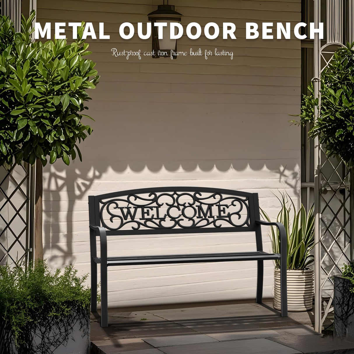 Kieperi 50" Heavy-Duty Garden Bench,600LBS Wrought Iron Welcome Patio Bench with PVC Back and, Outdoor Bench with Armrests for Porch Kieperi