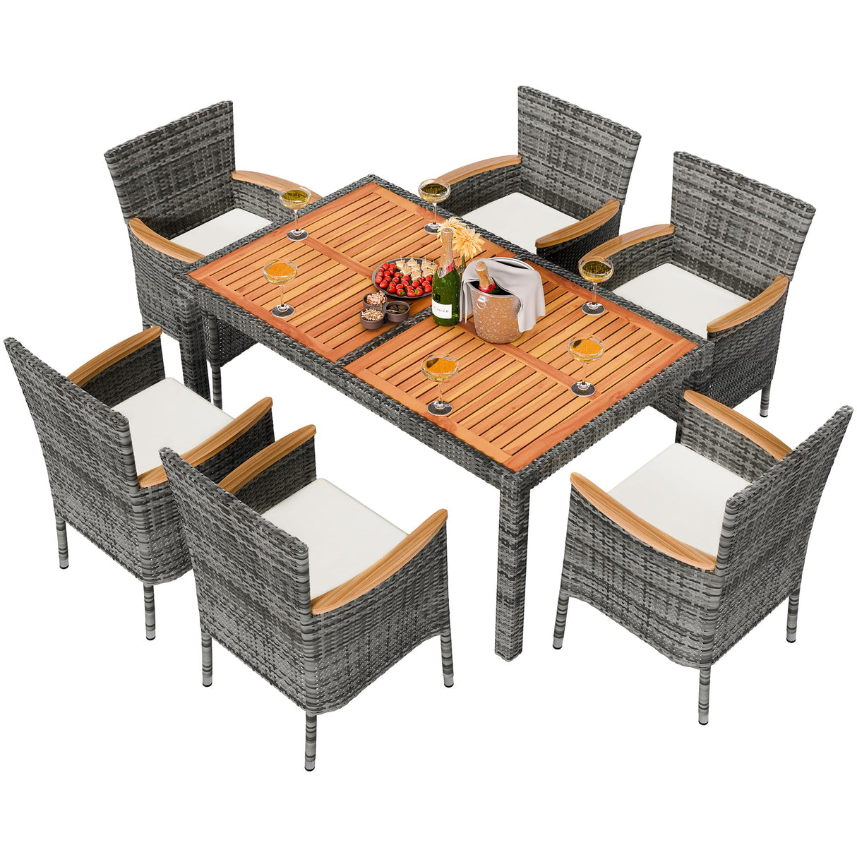 Shintenchi 7 Piece Patio Dining Set, Wicker Patio Conversation Set with Wooden Table Top, Outdoor Table and Chairs with Soft Cushions for Backyard, Deck and Garden, Grey Wicker Shintenchi