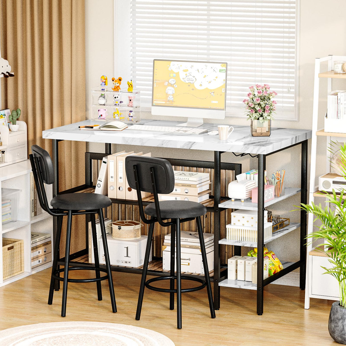 Recaceik Kitchen Island with Storage Small Dining Table for 2, Bistro Table and Chairs Set of 2 W/ 5 Shelves with PU Stools (White) Recaceik