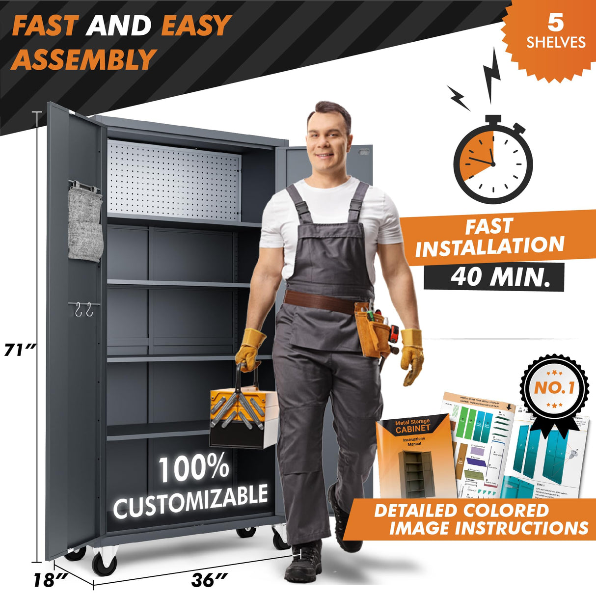 METALTIGER Extra-Spacious Metal Storage Cabinet with Wheels Digital Lock - Garage Storage Cabinet, 72" Rolling Lockable Cabinet (Dark Gray) METALTIGER