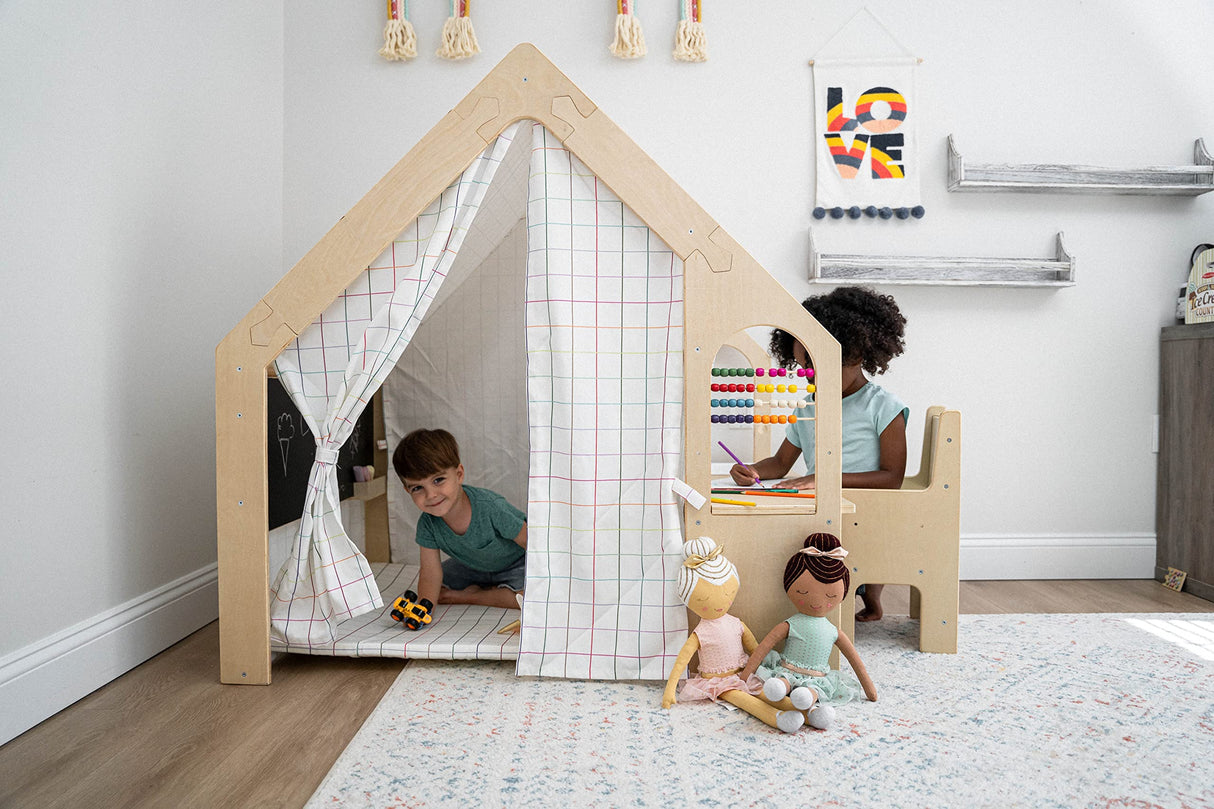Avenlur Flair Montessori Style Wooden 5 in 1 Indoor Playhouse Play Tent with Desk Table, Chair, Chalkboard, Floor Cushion and Curtain Shades for Babies, Toddlers, Kids (Large, Windowpane) Avenlur