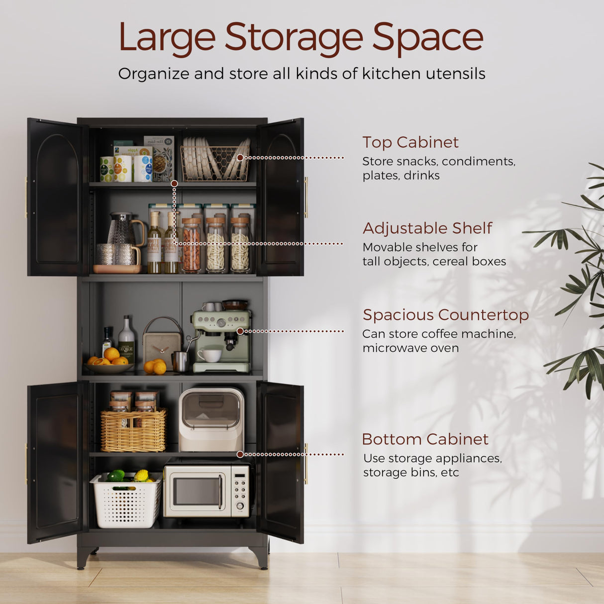 Kubohogar 75" Tall Kitchen Pantry Storage Cabinet, Metal Storage Cabinets with 4 Doors and Adjustable Shelves, Black Kitchen Hutch Cabinet with Microwave Stand, Large Cupboard for Dining Living Room Kubohogar