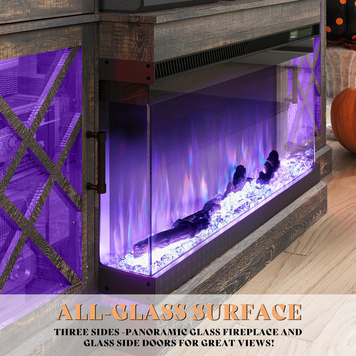 AMERLIFE Farmhouse LED Fireplace TV Stand with 3-Sided Glass Fireplace, 70" Large Entertainment Center for TVs up to 80", Rustic TV Console with Glass Door Storage for Living Room, Dark Oak Wood AMERLIFE