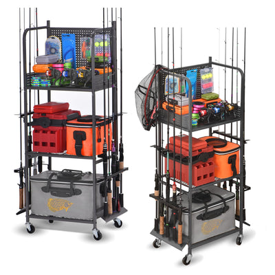 Lezbanz Heavy Duty Fishing Rod Rack with Pegboard & Hooks, Fishing Organizer for Garage Holds Up to 10 Rods, 3-Tier Fishing Gear Holder for Garage with Movable Wheels