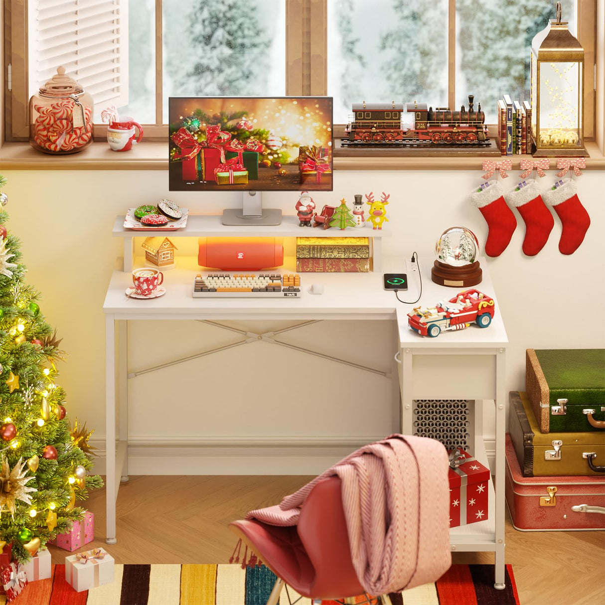 Fixwal L Shaped Gaming Desk with Power Outlets and LED Lights, 43 Inch Computer Desk with Charging Port, Small Corner Desk Table with Drawer and Shelf, Home Office Desk with Monitor Stand Fixwal