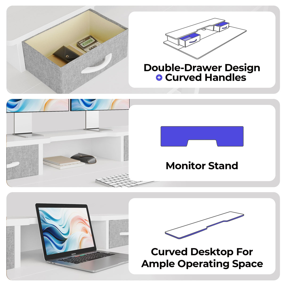 JOISCOPE 48 Inch Electric Standing Adjustable Height Desk with Double Drawer, Home Office Computer Gaming Desk with Storage Shelf and Power Outlets, Sit Stand Desk, White JOISCOPE