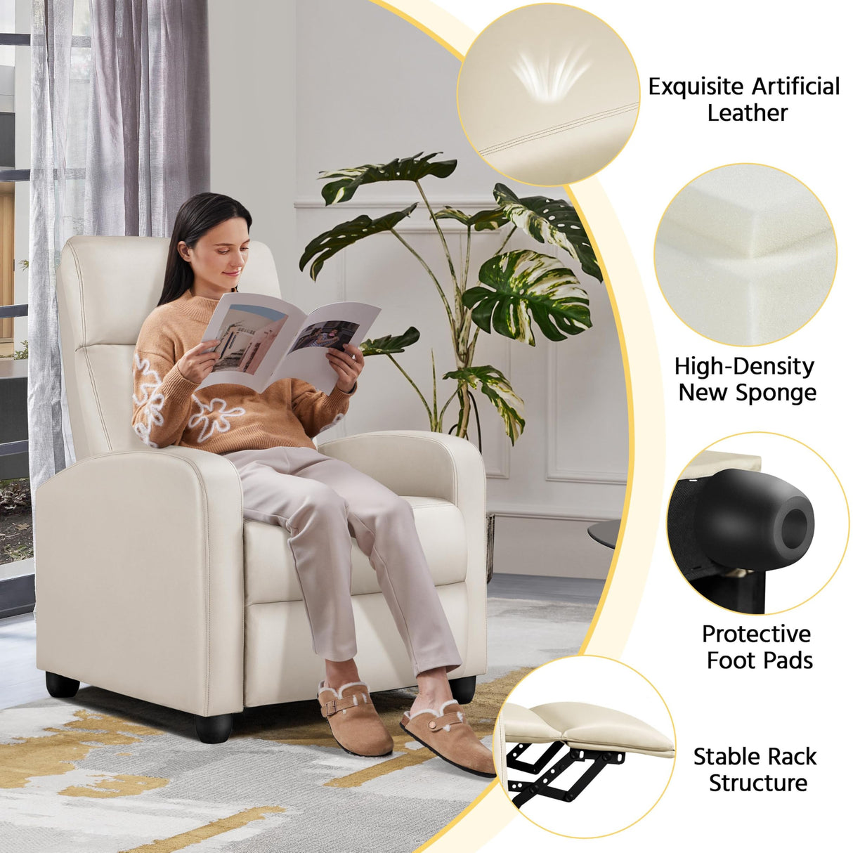 Yaheetech Recliner Chair PU Leather Recliner Sofa Home Theater Seating Adjustable Modern Single Reclining Chair Sofa with Pocket Spring Living Room Bedroom Beige Yaheetech