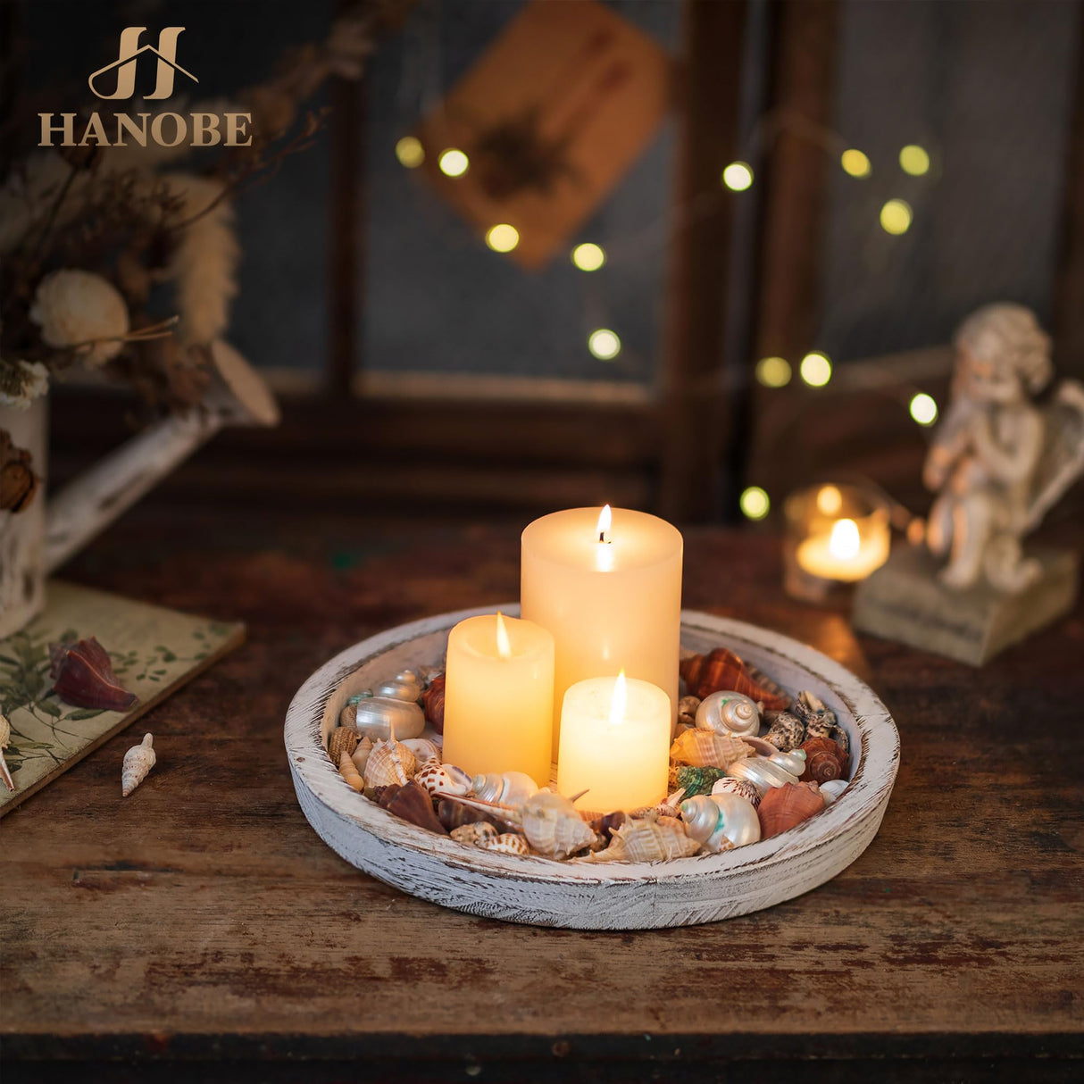 Hanobe Candle Plate Holder Tray: Round Wooden Decorative Candle Plate Small Farmhouse Table Centerpiece Rustic White Wood Tealight Pillar Trays for Home Decor Hanobe