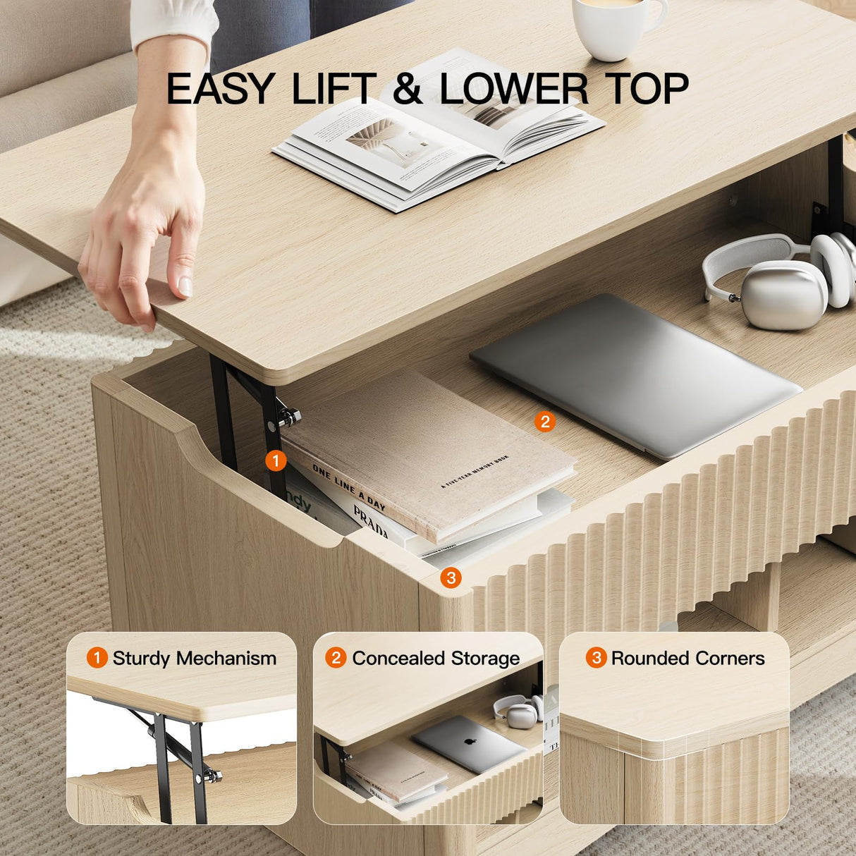 Amada Coffee Table Fluted Lift Top, 35.2" Wood Table with Storage Shelf & Hidden Compartment, Modern Rectangle Center Table for Living Room, Sturdy & Multi-Functional, Holds Up to 220LBS, Natural Oak AMADA HOMEFURNISHING