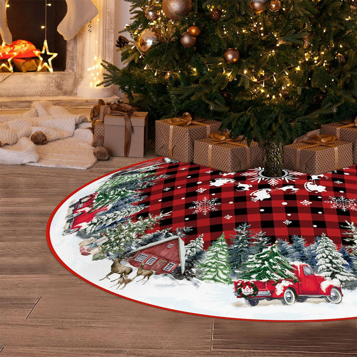 EKOREST Christmas Tree Skirt 48 Inches, Red Buffalo Plaid with Truck Pencil Tree Skirt, Winter Xmas Tree Mat Decorations for Home Party Holiday Decorations EKOREST