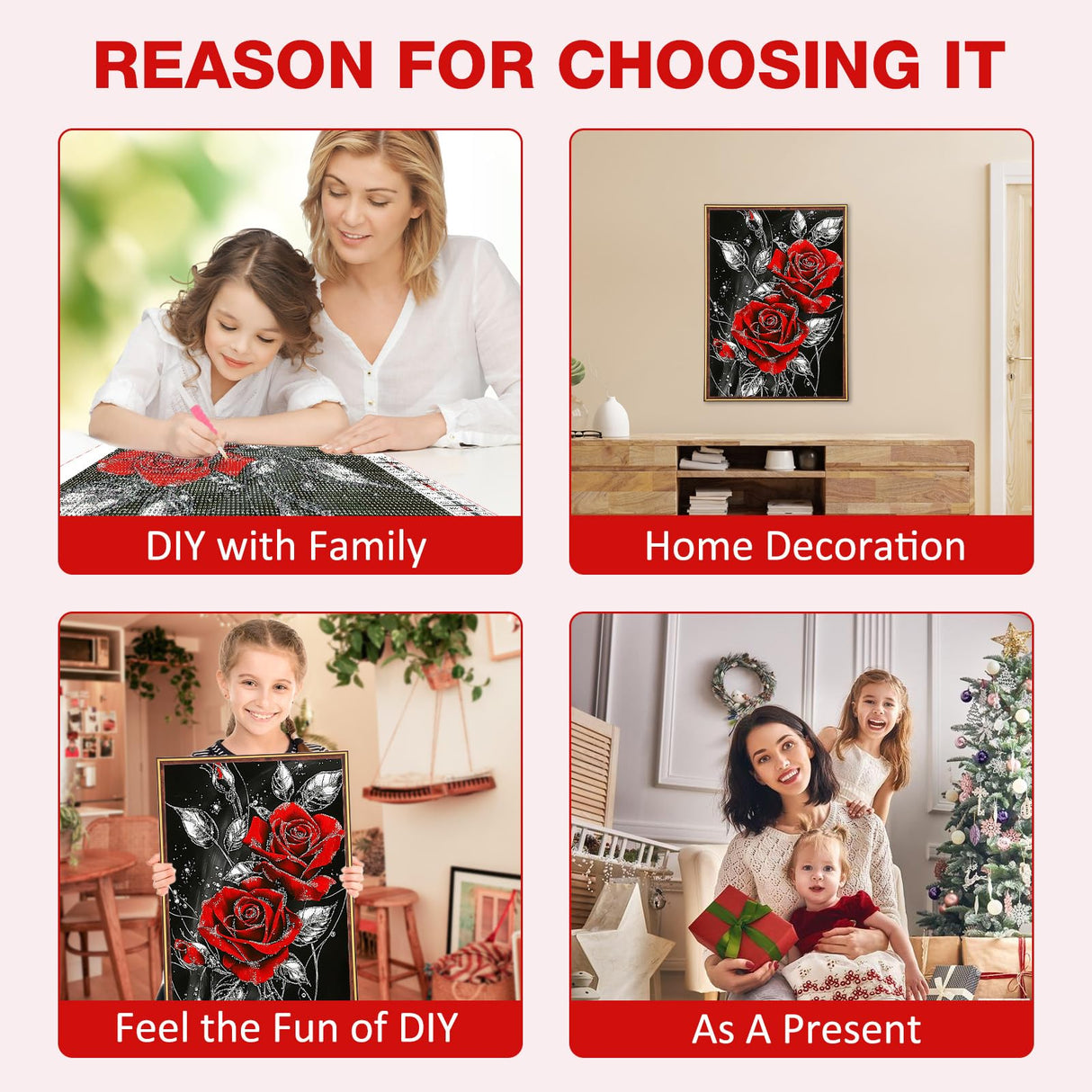 MEIYUDA Rose Diamond Painting Kits for Adults, 5D Red Rose Diamond Art Kits for Beginners, Floral Flowers DIY Gem Art Crystal Painting for Home Wall Decor Gift 12x16in MEIYUDA